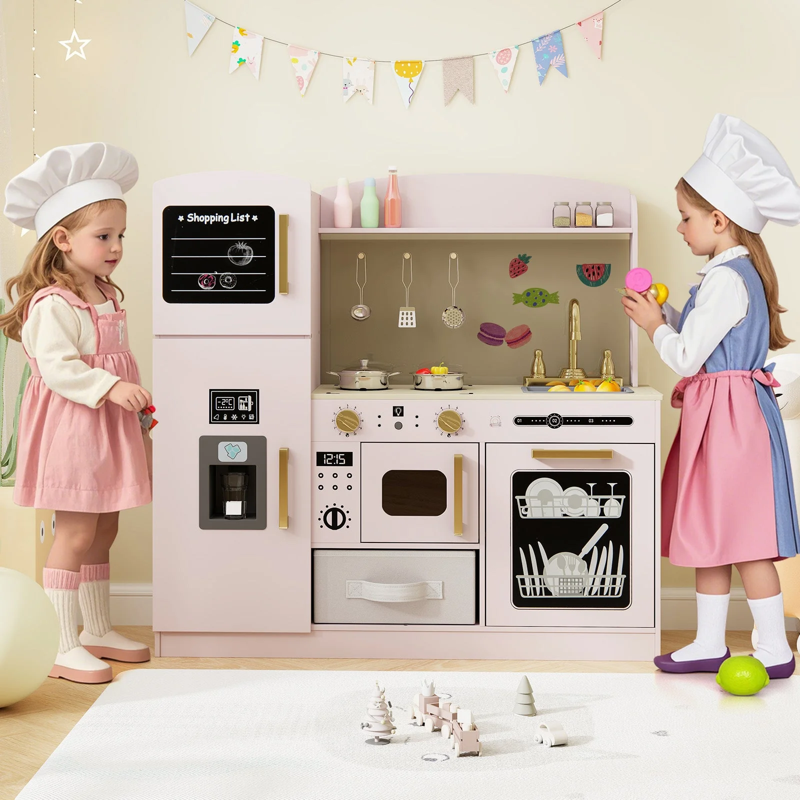 Wooden Kids Kitchen Playset with Chalkboard Ice Maker Sink Lighted Microwave-Pink - Image 2