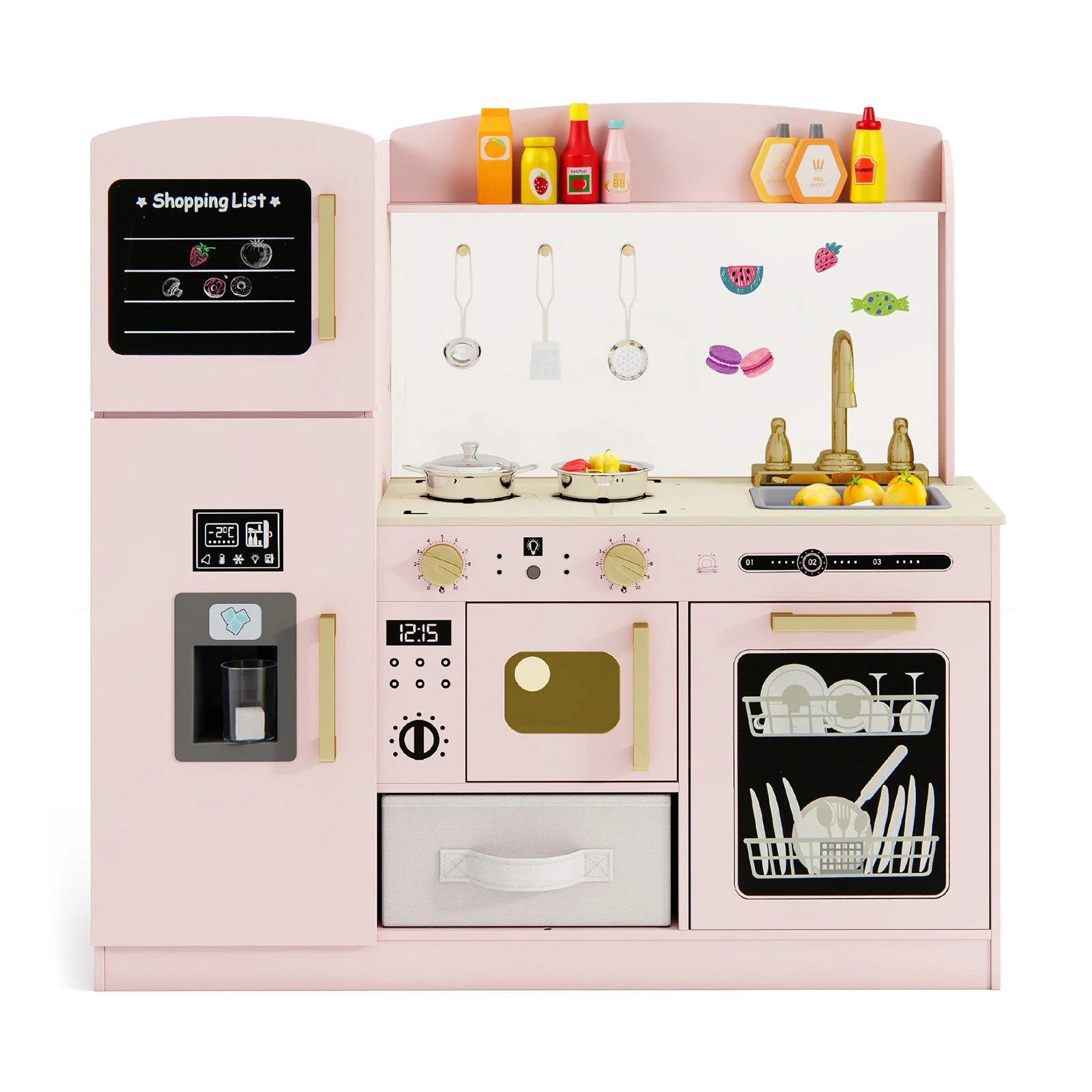 Wooden Kids Kitchen Playset with Chalkboard Ice Maker Sink Lighted Microwave-Pink - Image 3