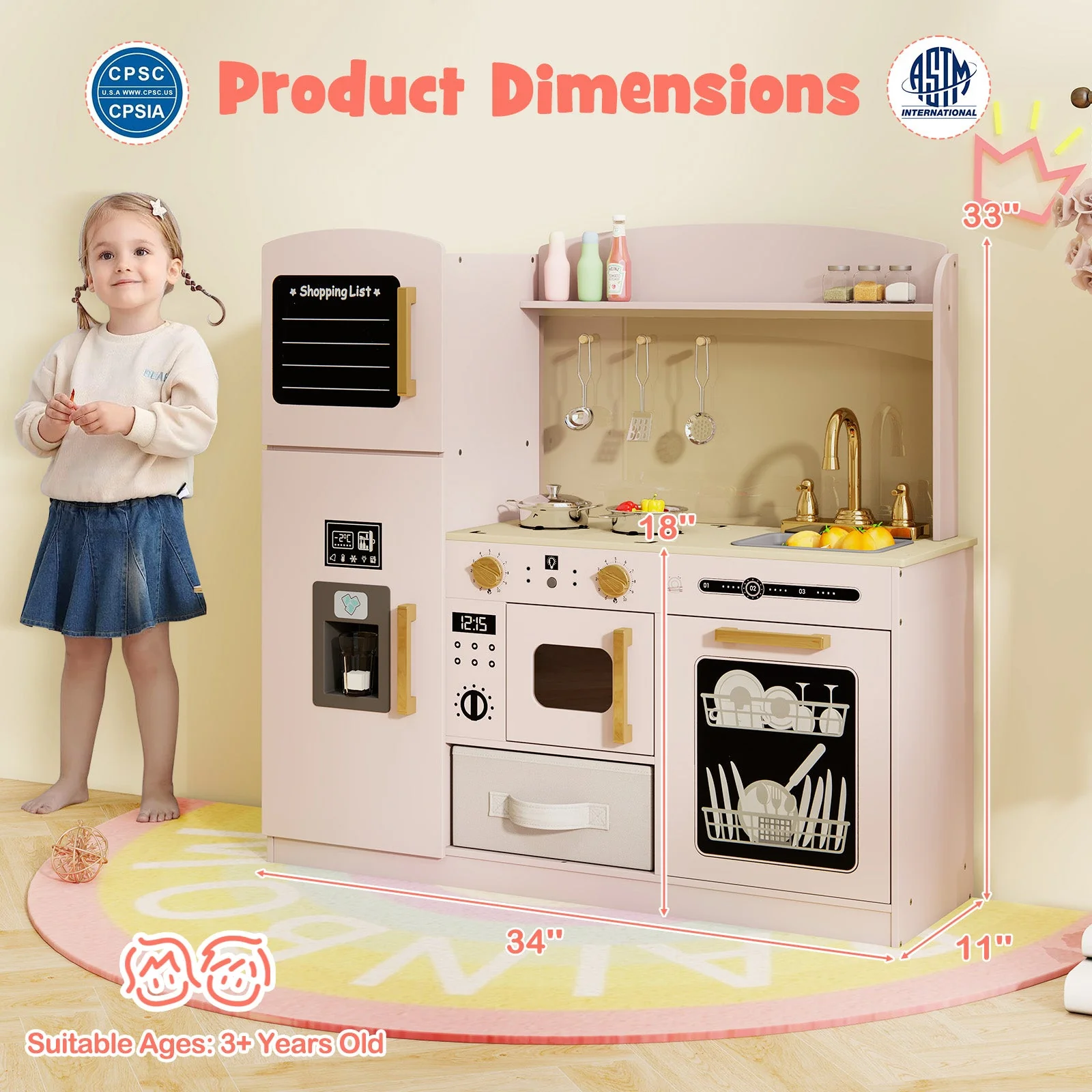 Wooden Kids Kitchen Playset with Chalkboard Ice Maker Sink Lighted Microwave-Pink - Image 4