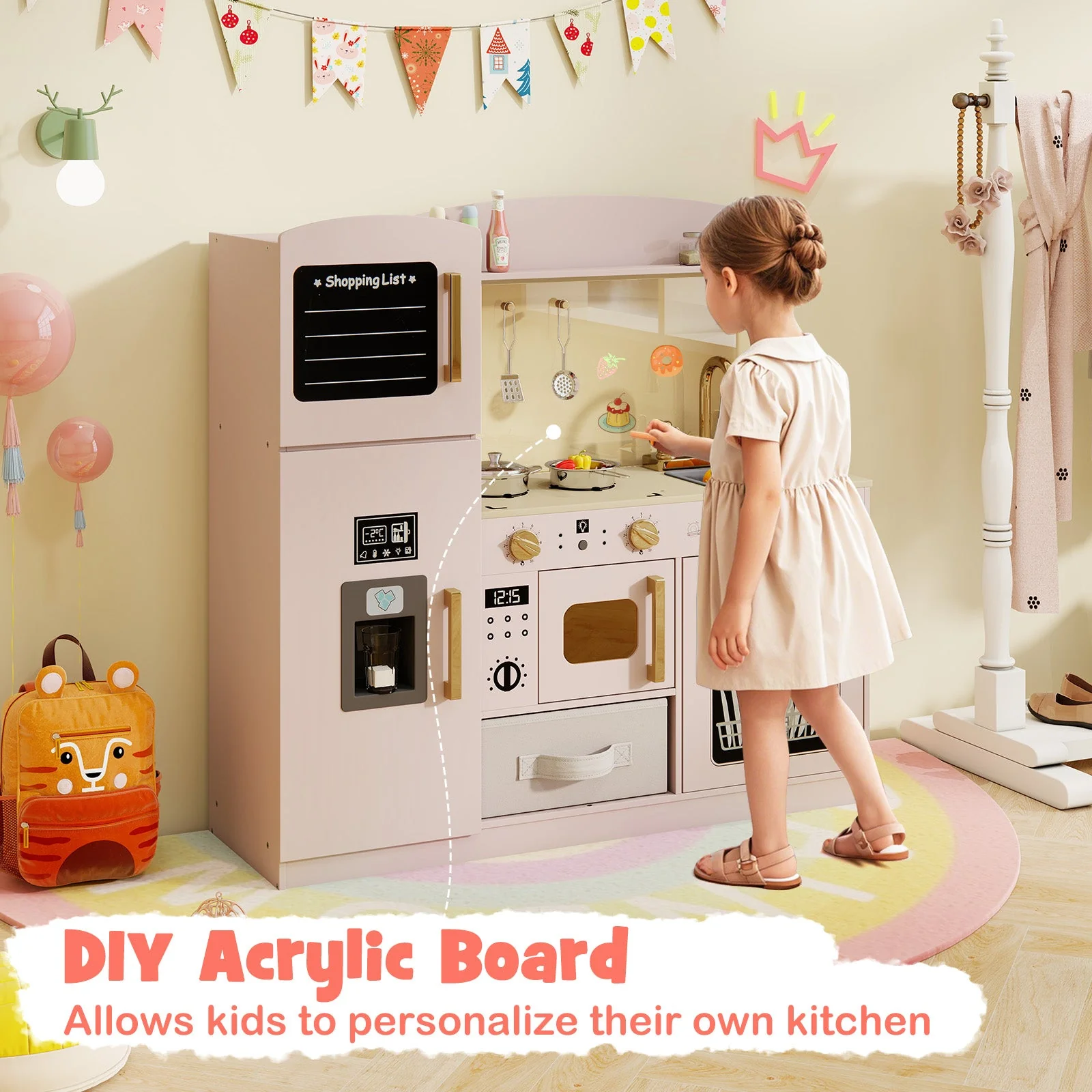 Wooden Kids Kitchen Playset with Chalkboard Ice Maker Sink Lighted Microwave-Pink - Image 5