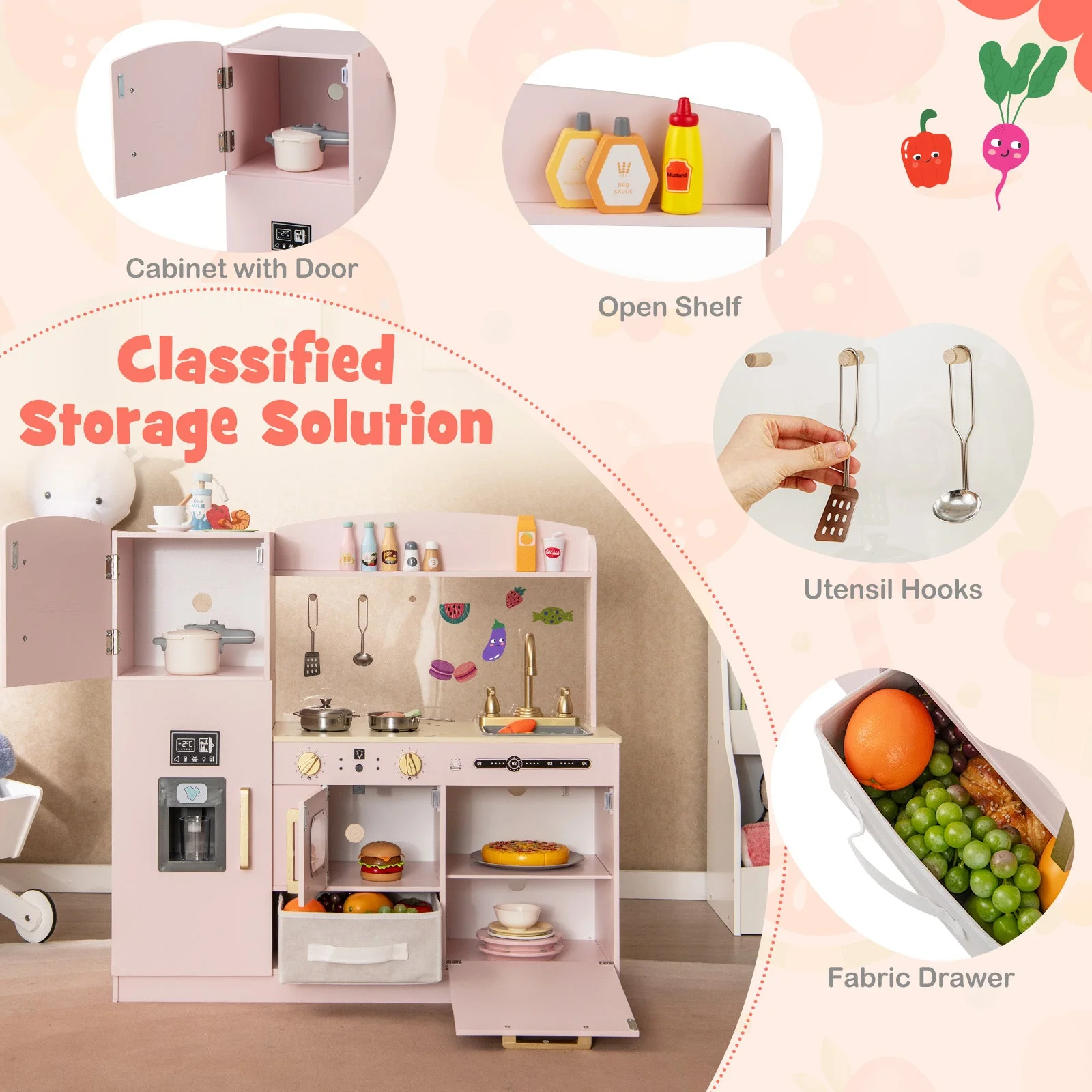 Wooden Kids Kitchen Playset with Chalkboard Ice Maker Sink Lighted Microwave-Pink - Image 6