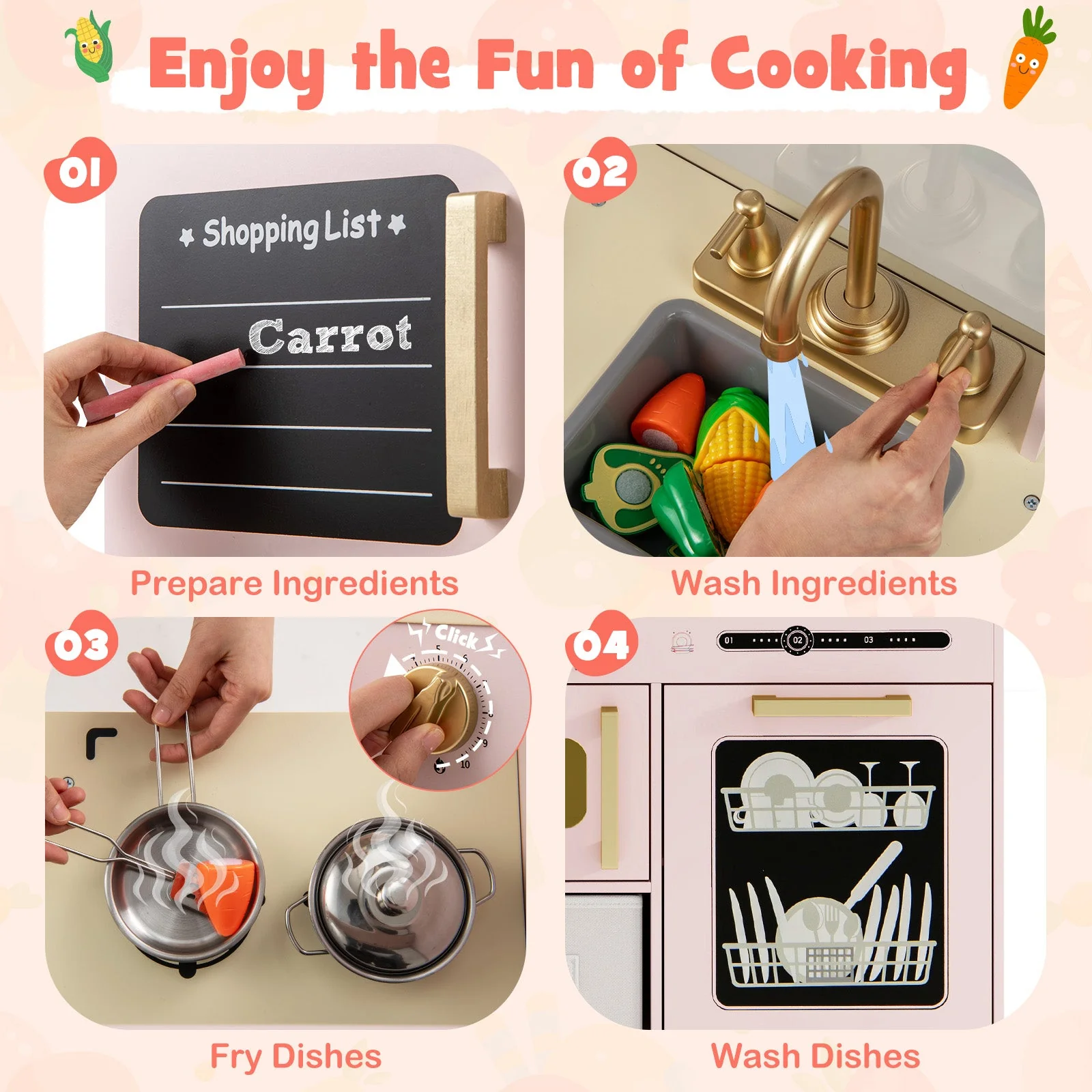 Wooden Kids Kitchen Playset with Chalkboard Ice Maker Sink Lighted Microwave-Pink - Image 7