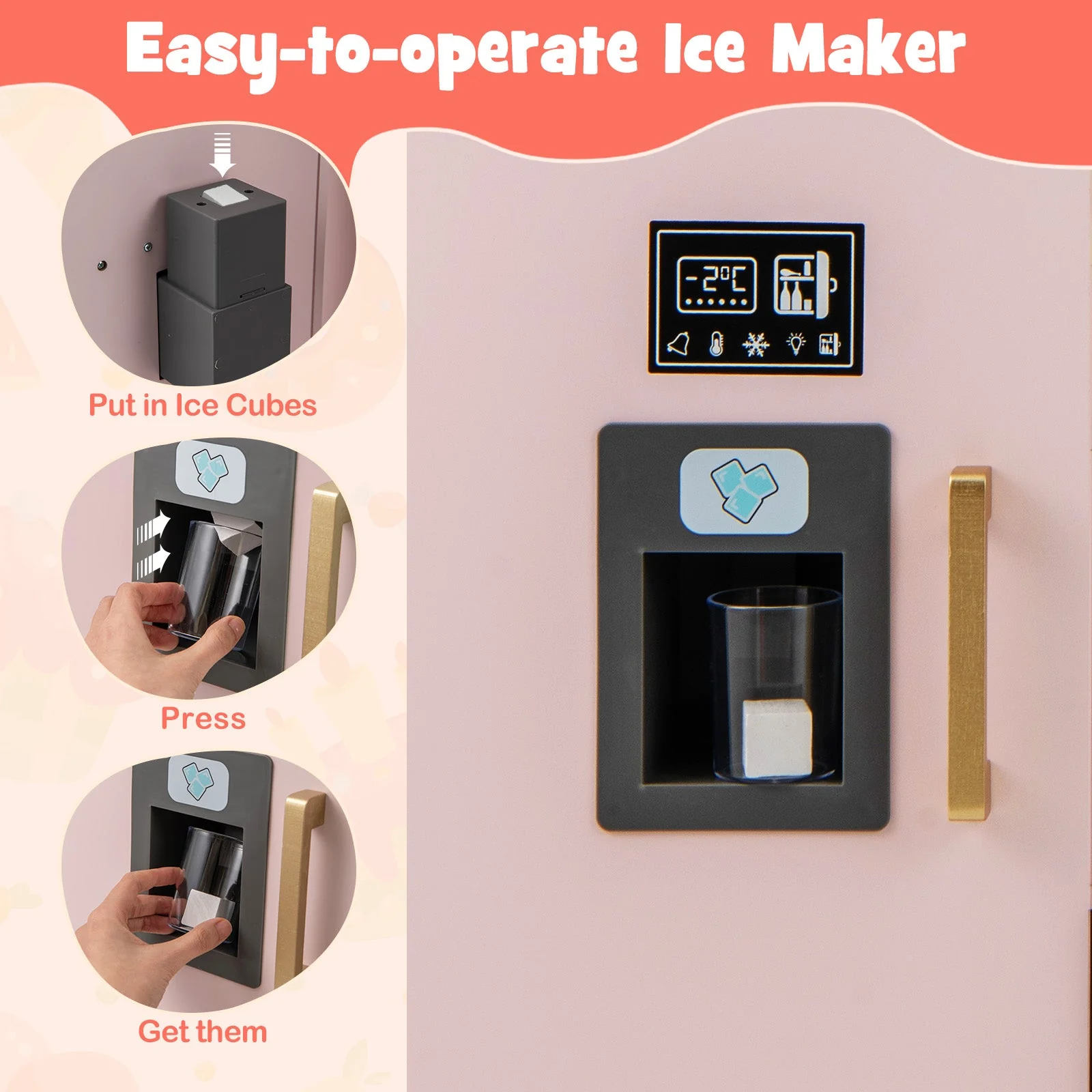 Wooden Kids Kitchen Playset with Chalkboard Ice Maker Sink Lighted Microwave-Pink - Image 8