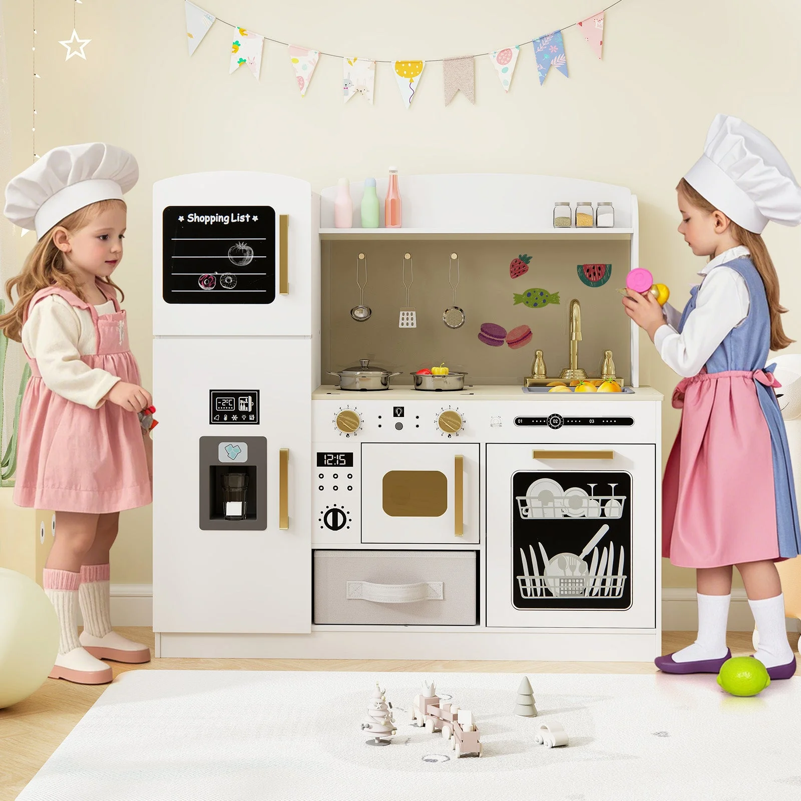Wooden Kids Kitchen Playset with Chalkboard Ice Maker Sink Lighted Microwave-White - Image 2