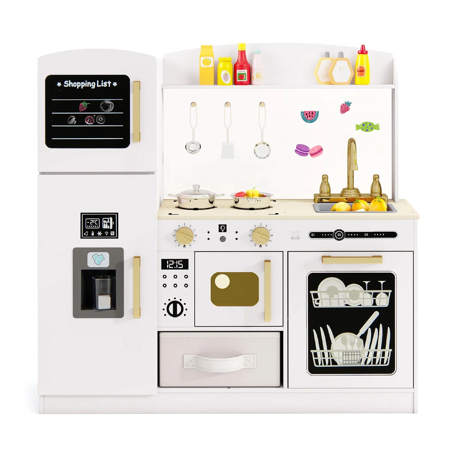 Wooden Kids Kitchen Playset with Chalkboard Ice Maker Sink Lighted Microwave-White - Image 3