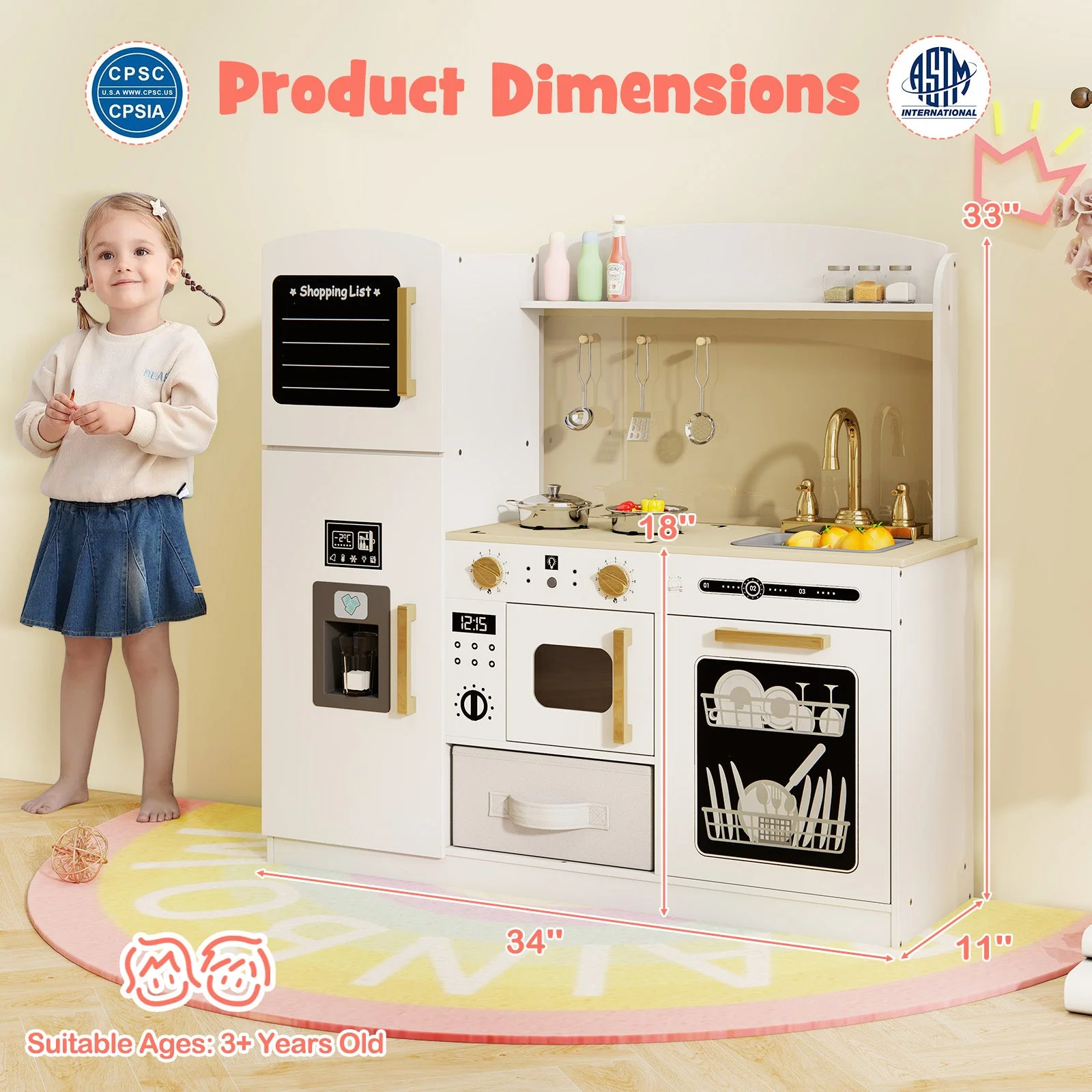 Wooden Kids Kitchen Playset with Chalkboard Ice Maker Sink Lighted Microwave-White - Image 4