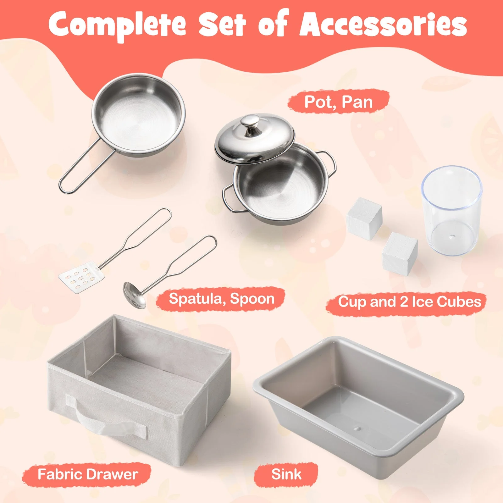 Wooden Kids Kitchen Playset with Chalkboard Ice Maker Sink Lighted Microwave-White - Image 5