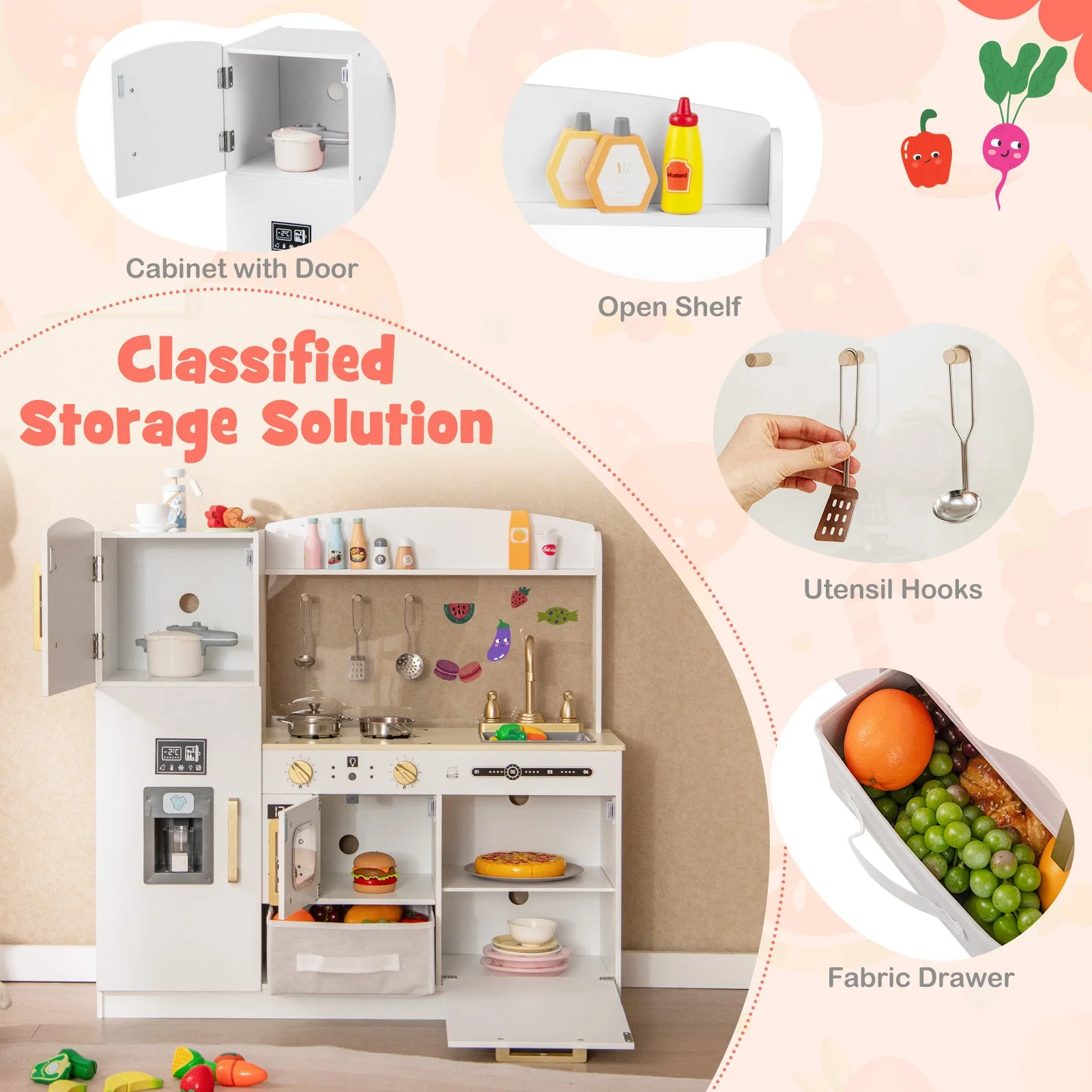 Wooden Kids Kitchen Playset with Chalkboard Ice Maker Sink Lighted Microwave-White - Image 6