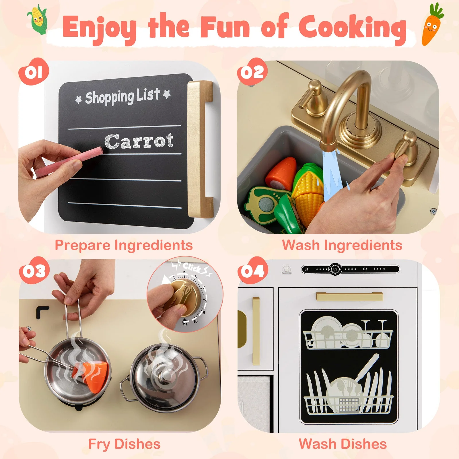 Wooden Kids Kitchen Playset with Chalkboard Ice Maker Sink Lighted Microwave-White - Image 7