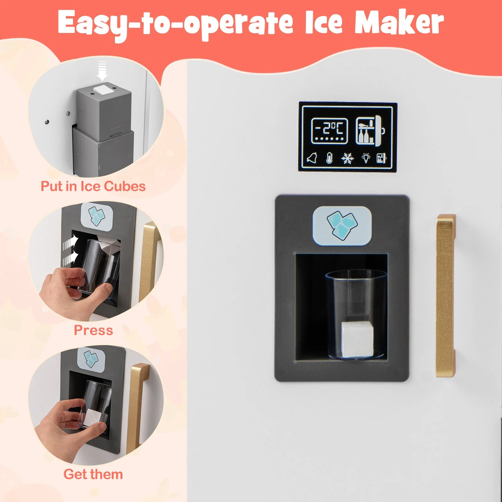 Wooden Kids Kitchen Playset with Chalkboard Ice Maker Sink Lighted Microwave-White - Image 8