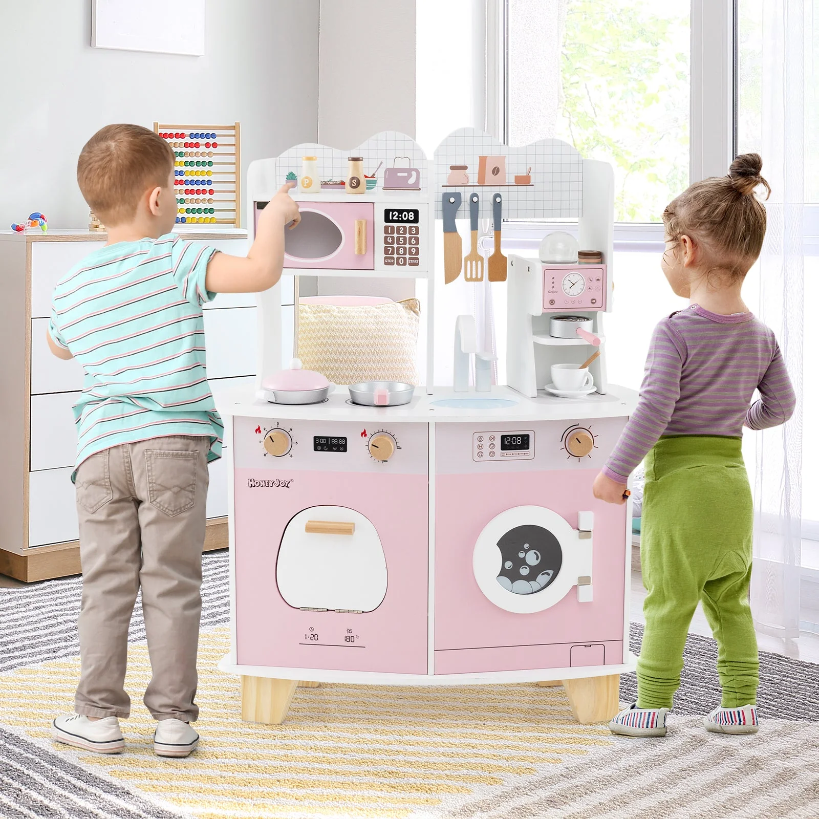 Wooden Kids Kitchen Playset with Coffee Maker for kids-Pink - Image 2