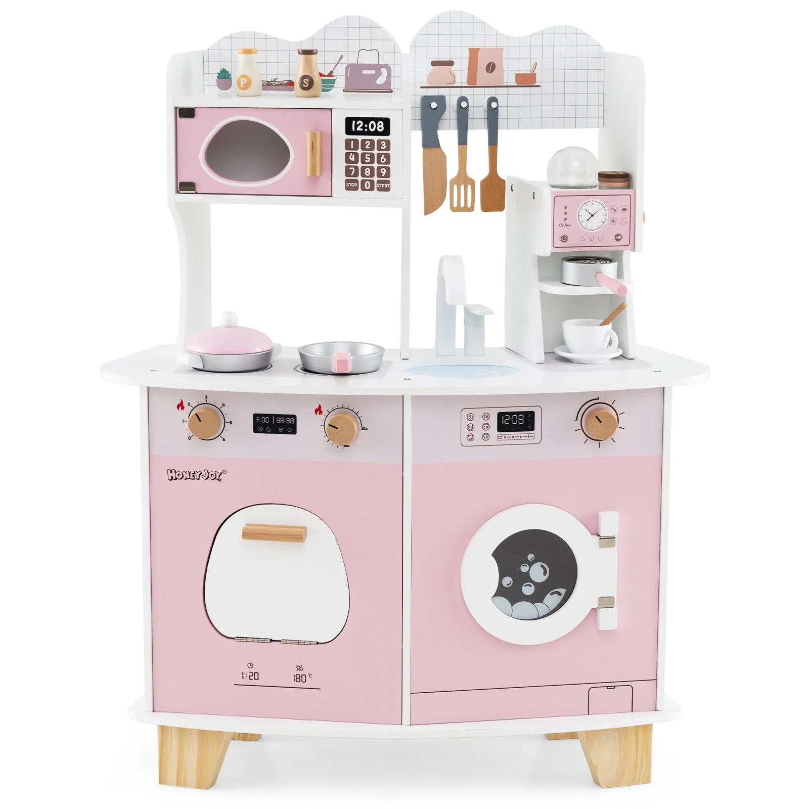 Wooden Kids Kitchen Playset with Coffee Maker for kids-Pink - Image 3