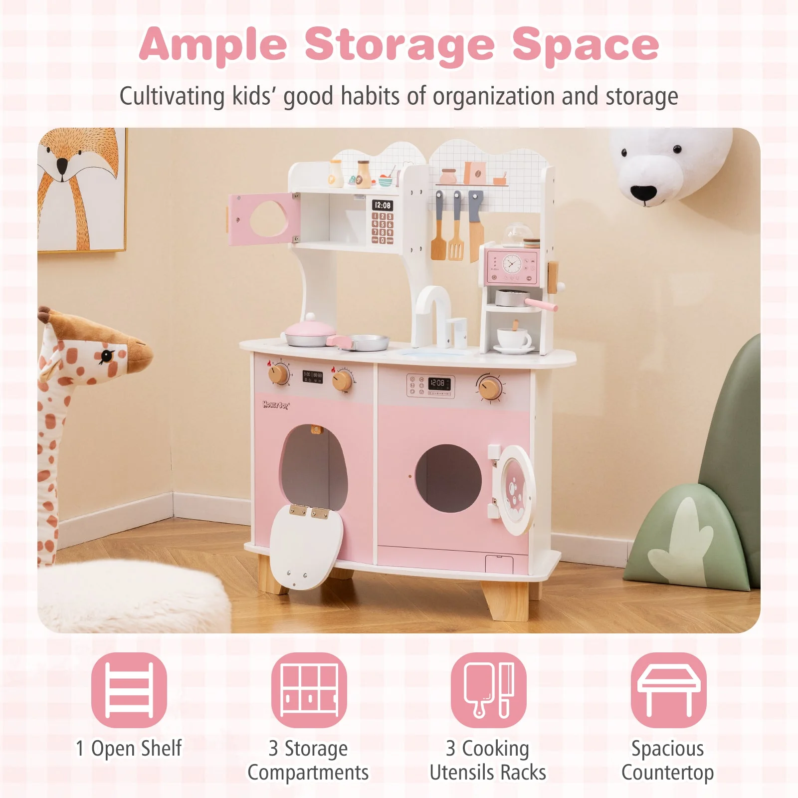 Wooden Kids Kitchen Playset with Coffee Maker for kids-Pink - Image 5