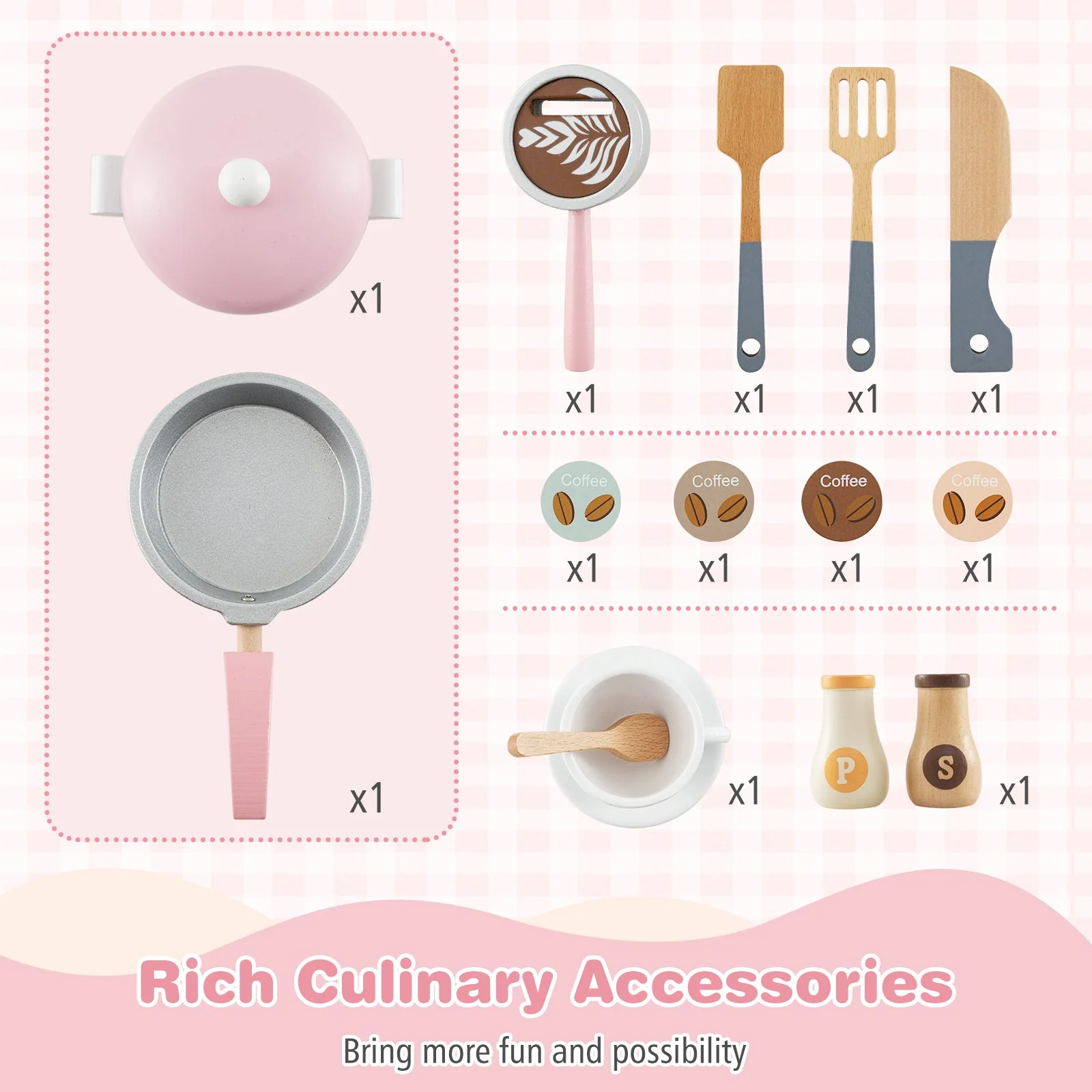 Wooden Kids Kitchen Playset with Coffee Maker for kids-Pink - Image 6