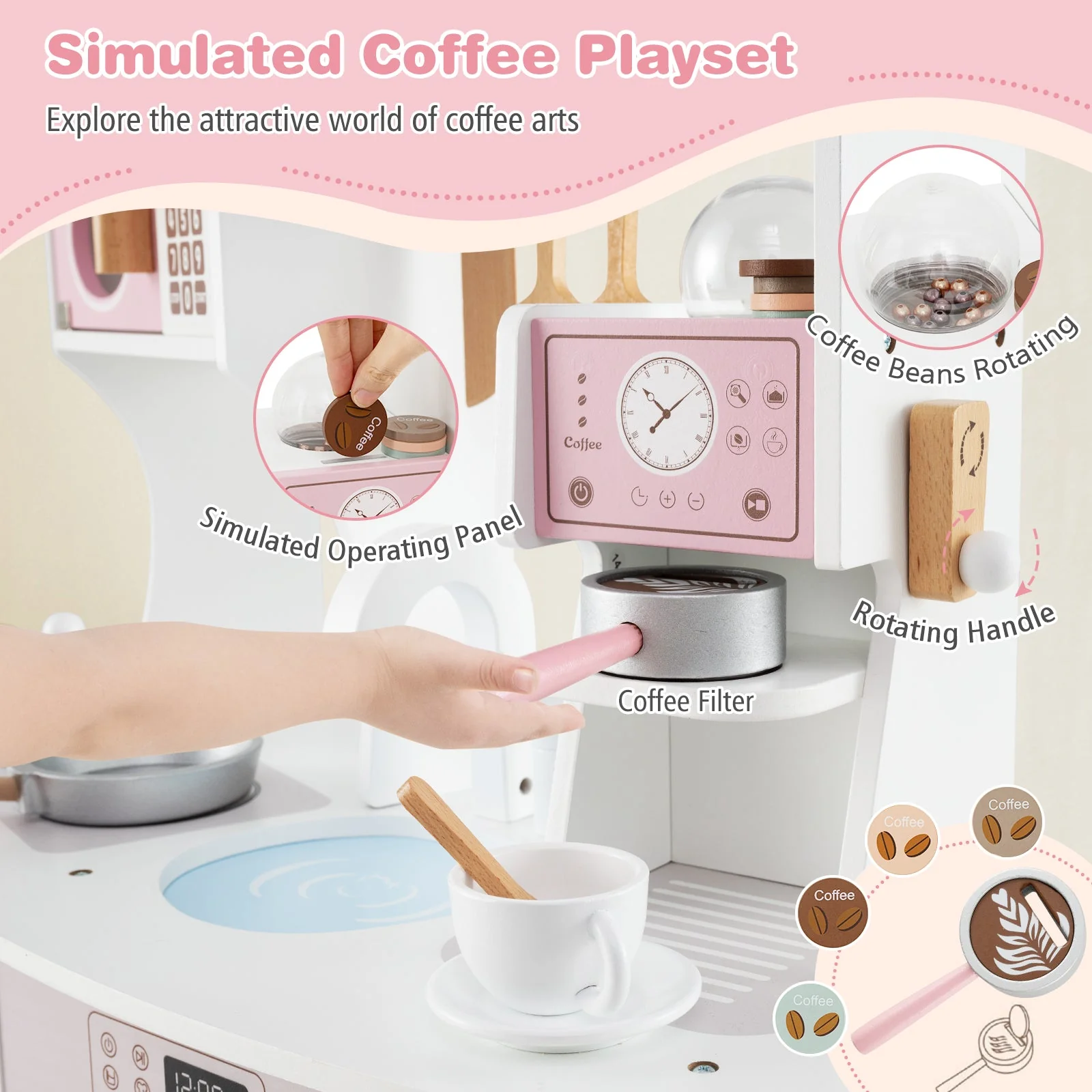 Wooden Kids Kitchen Playset with Coffee Maker for kids-Pink - Image 7