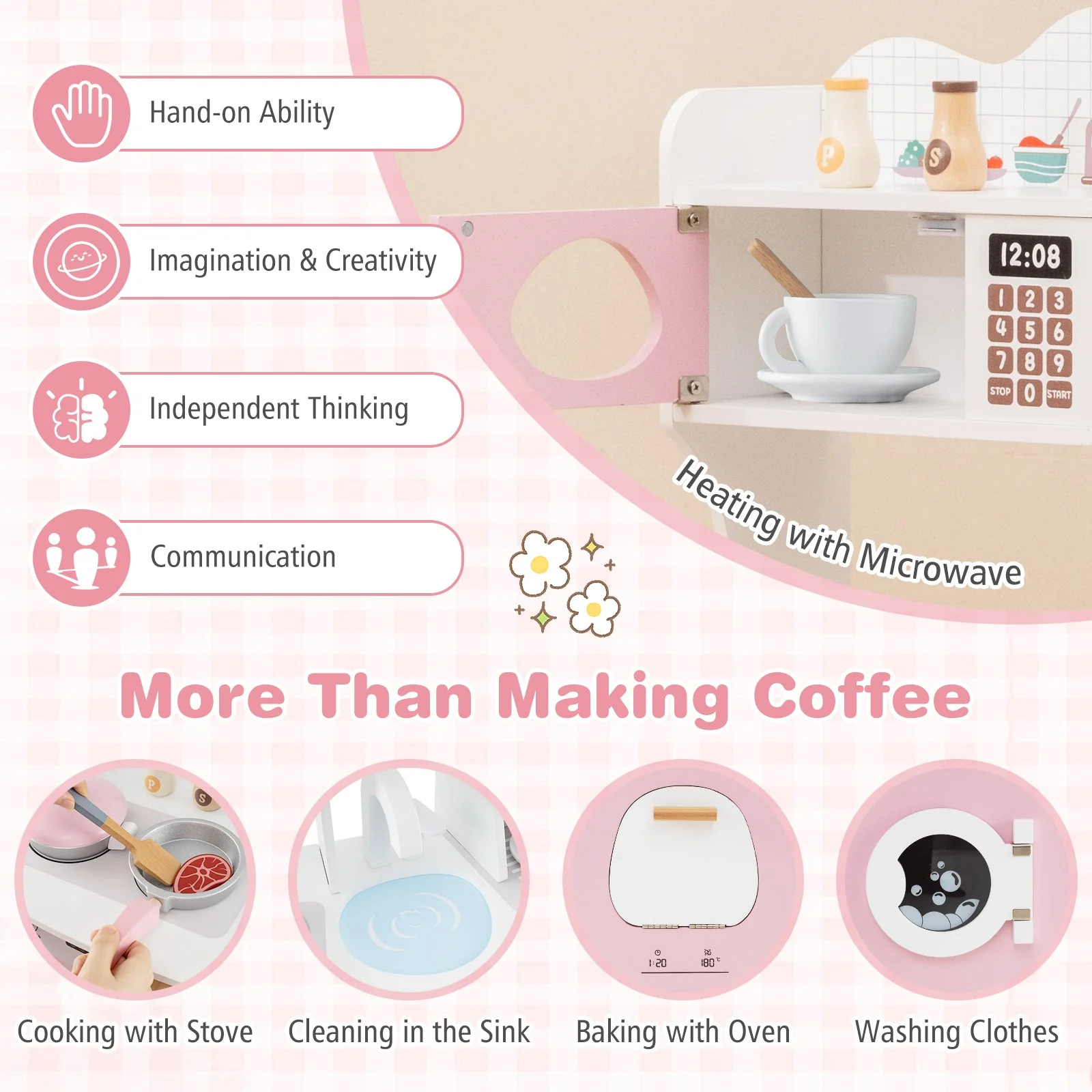 Wooden Kids Kitchen Playset with Coffee Maker for kids-Pink - Image 8