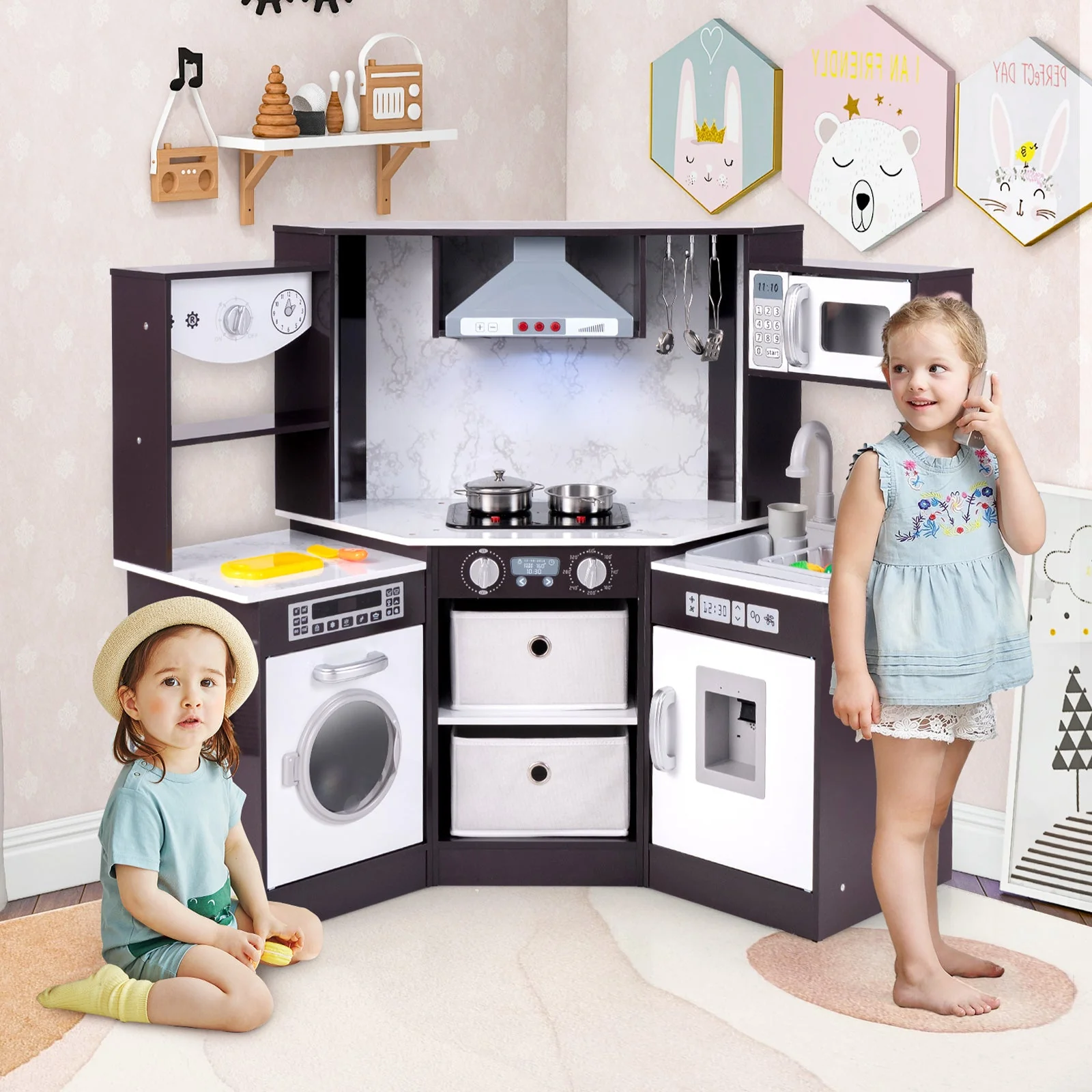 Wooden Kids Play Kitchen Playset with Realistic Lights and Sounds-Coffee - Image 2