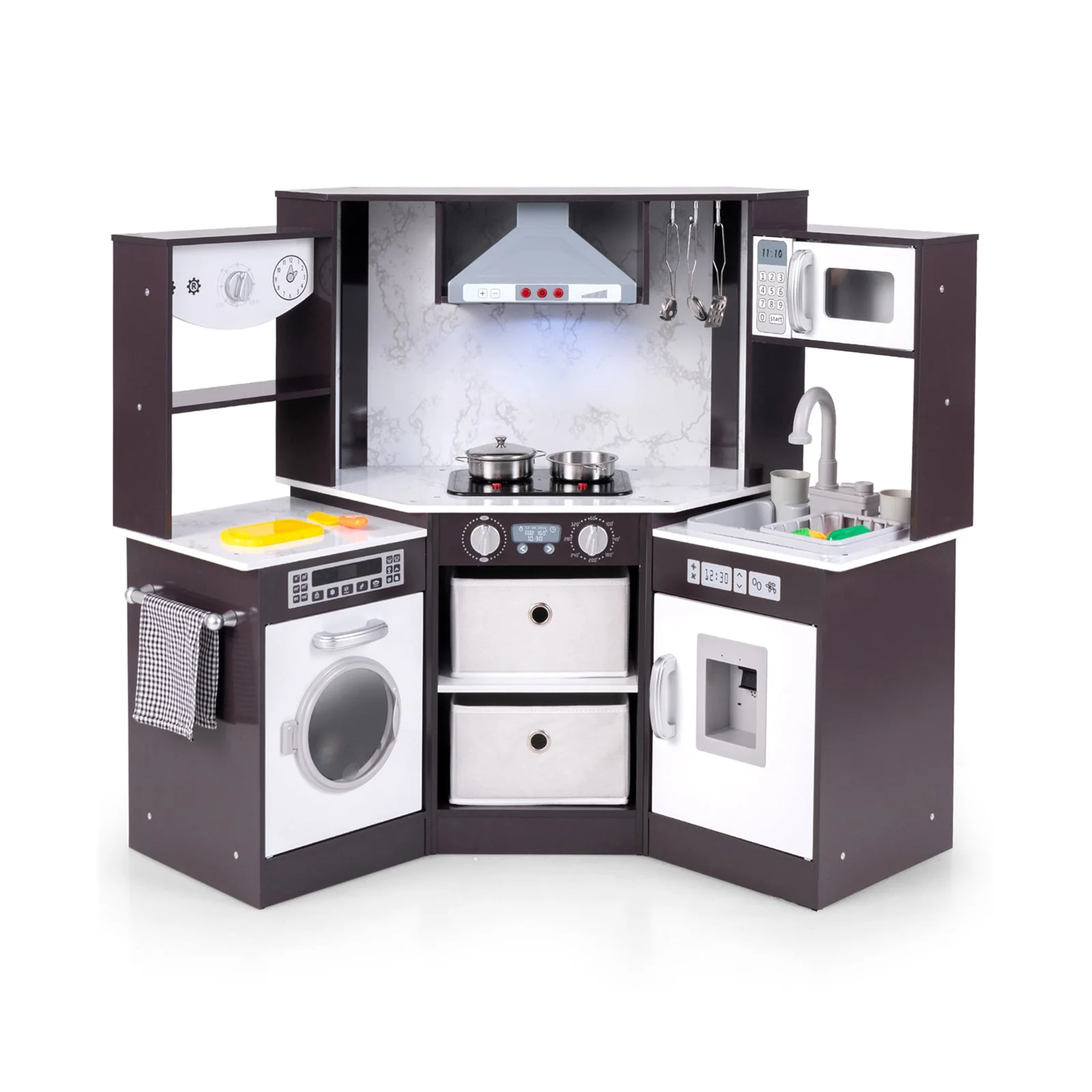 Wooden Kids Play Kitchen Playset with Realistic Lights and Sounds-Coffee - Image 3