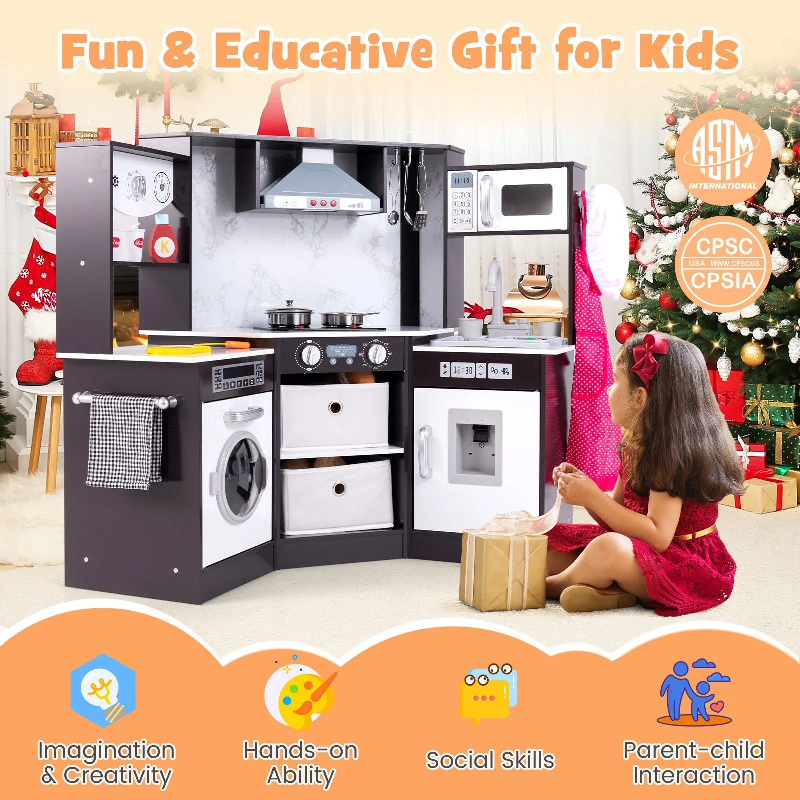 Wooden Kids Play Kitchen Playset with Realistic Lights and Sounds-Coffee - Image 6