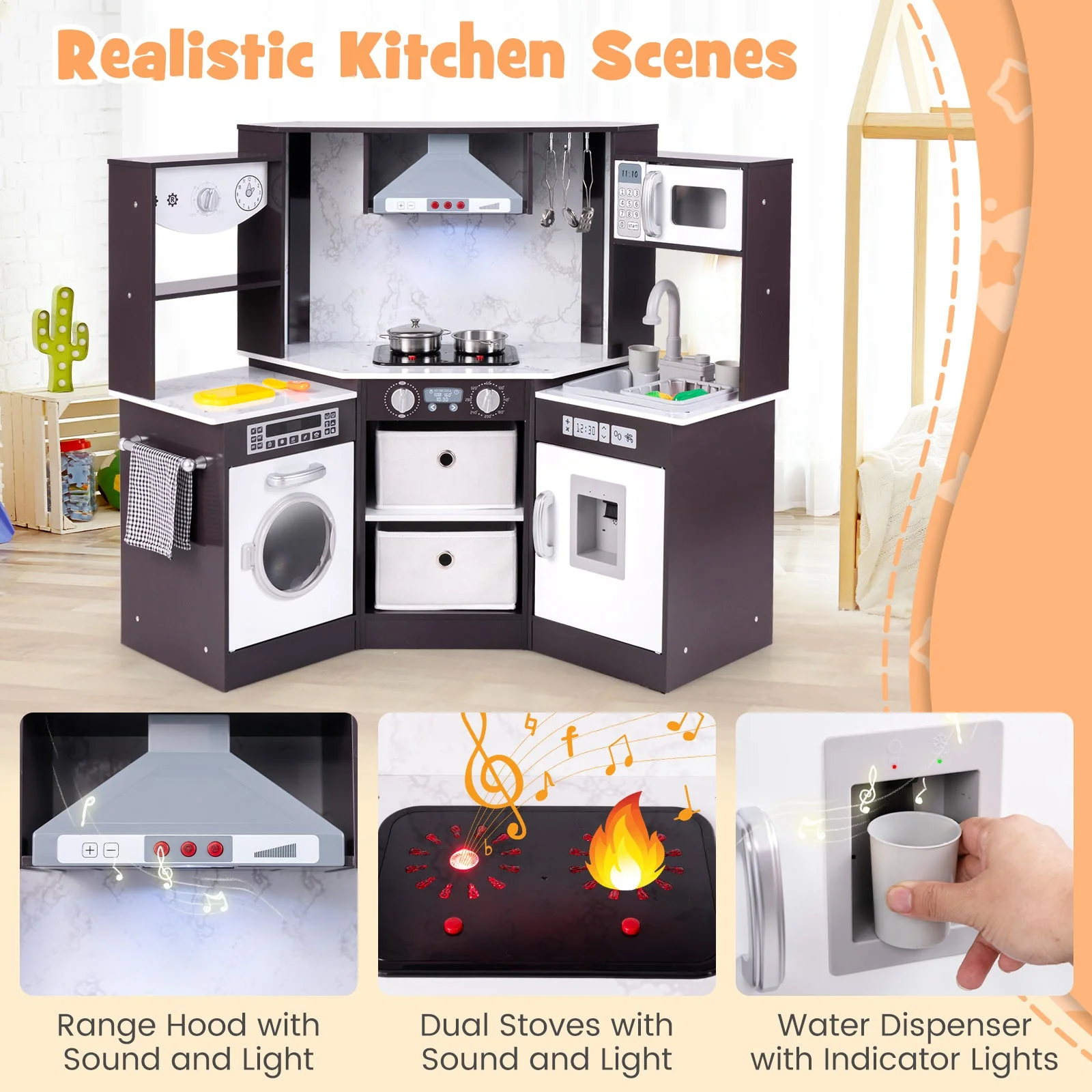 Wooden Kids Play Kitchen Playset with Realistic Lights and Sounds-Coffee - Image 8
