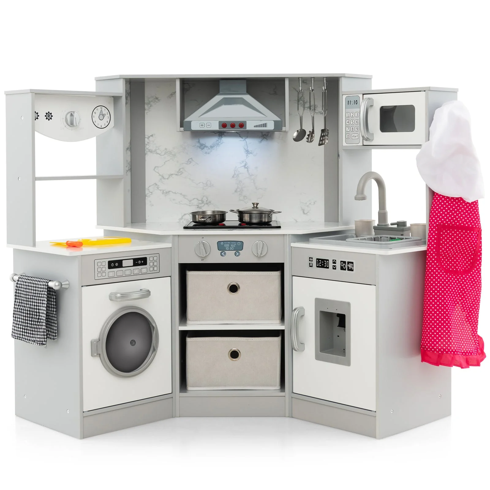 Wooden Kids Play Kitchen Playset with Realistic Lights and Sounds-Gray - Image 2