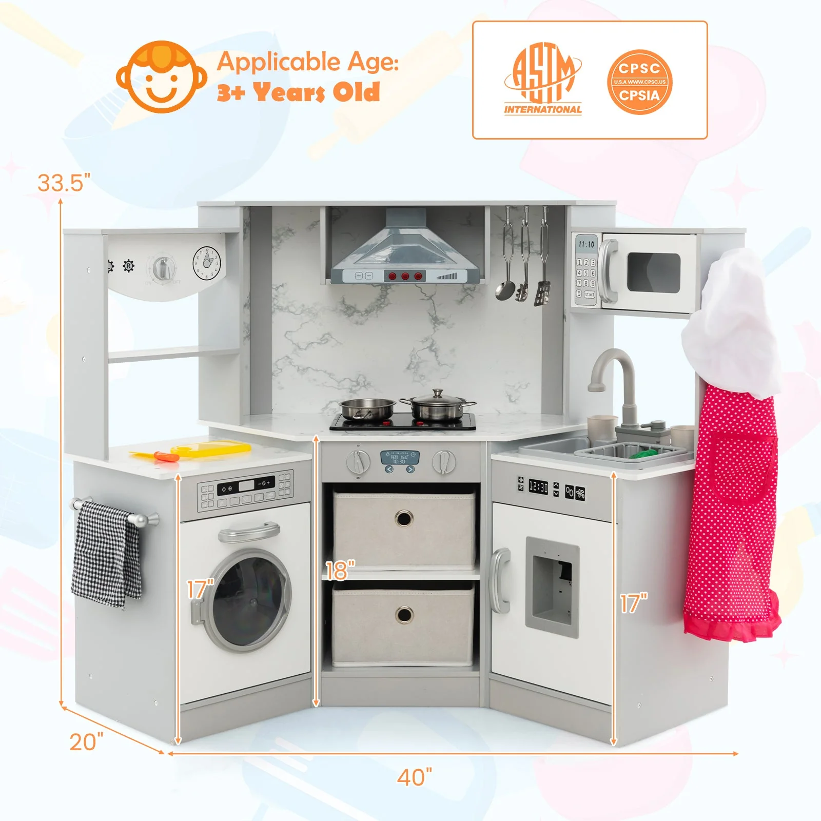 Wooden Kids Play Kitchen Playset with Realistic Lights and Sounds-Gray - Image 3