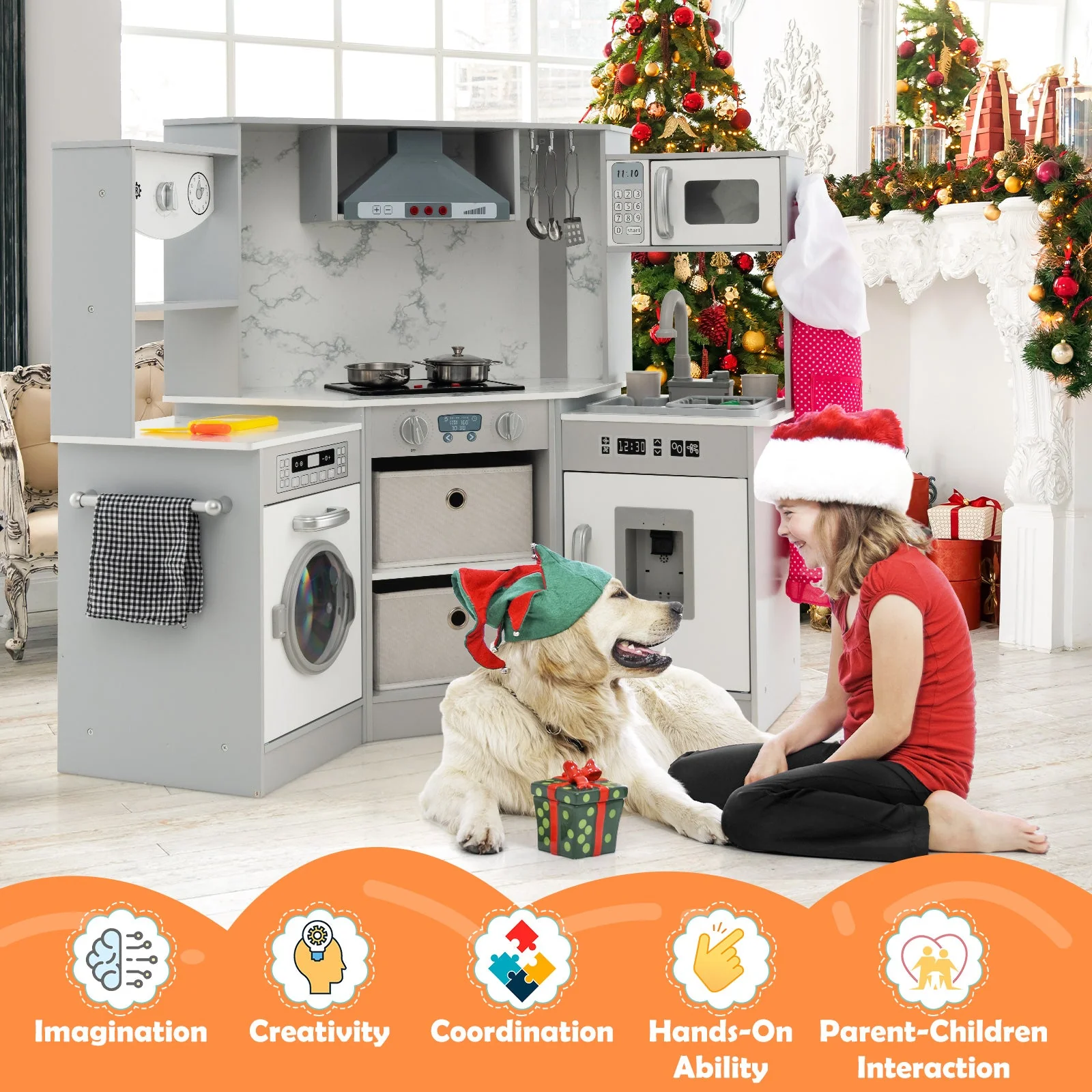 Wooden Kids Play Kitchen Playset with Realistic Lights and Sounds-Gray - Image 4