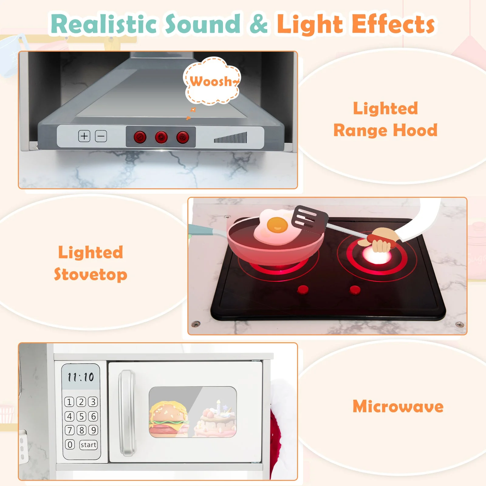 Wooden Kids Play Kitchen Playset with Realistic Lights and Sounds-Gray - Image 5