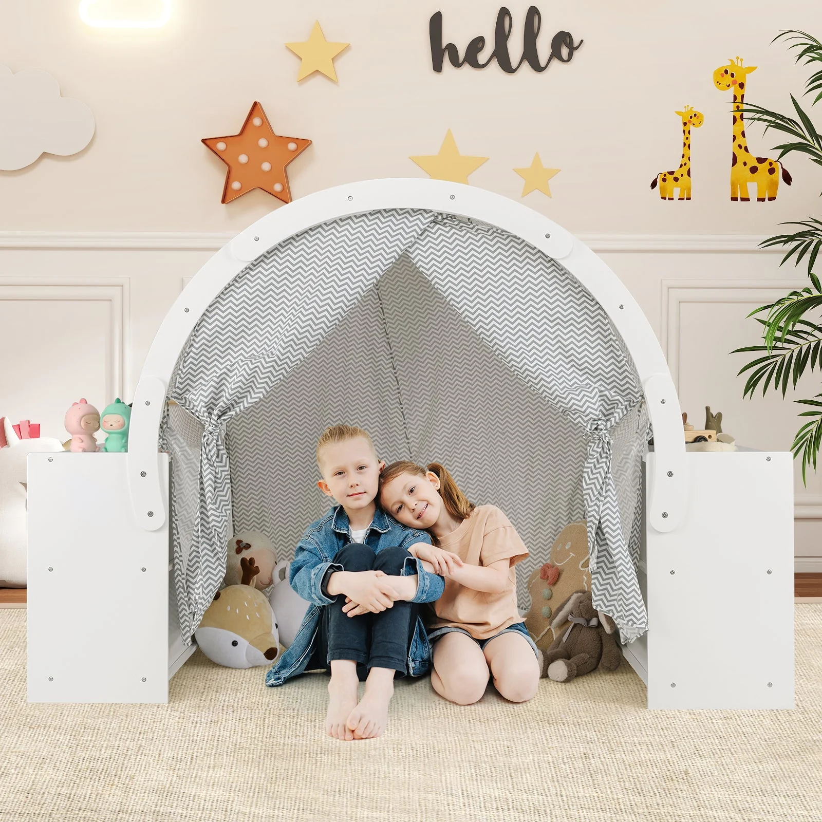 Wooden Kids Play Tent with Curtain Shades and 8 Cubbies-White - Image 2