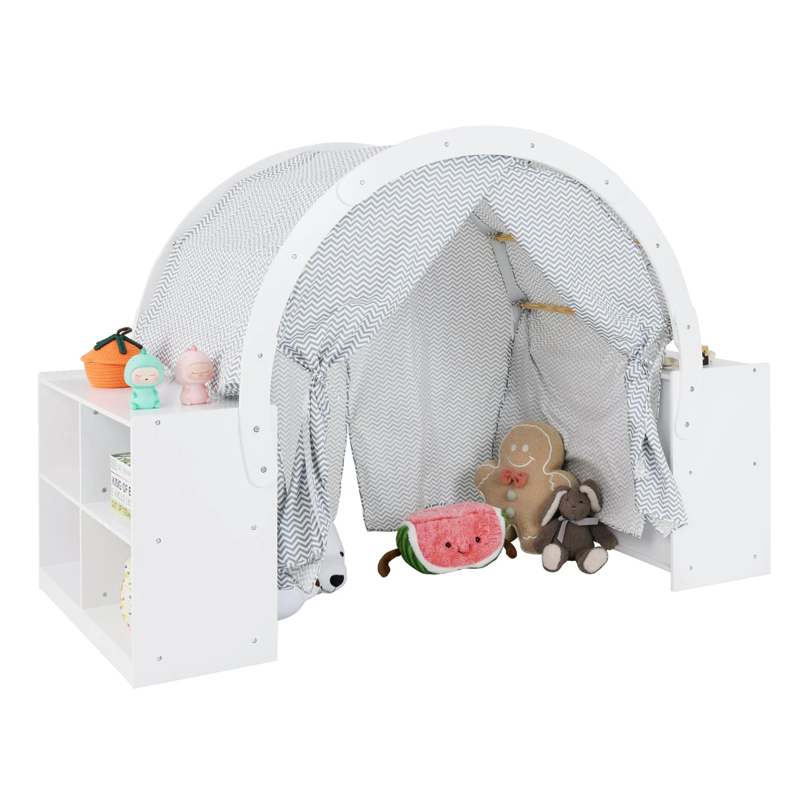 Wooden Kids Play Tent with Curtain Shades and 8 Cubbies-White - Image 3
