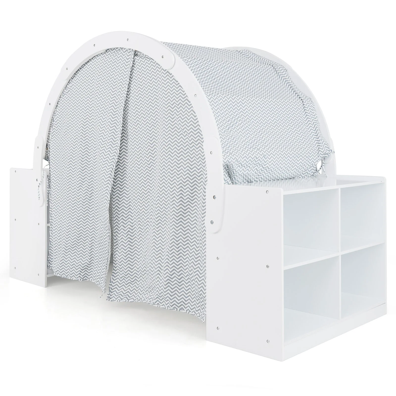 Wooden Kids Play Tent with Curtain Shades and 8 Cubbies-White - Image 4