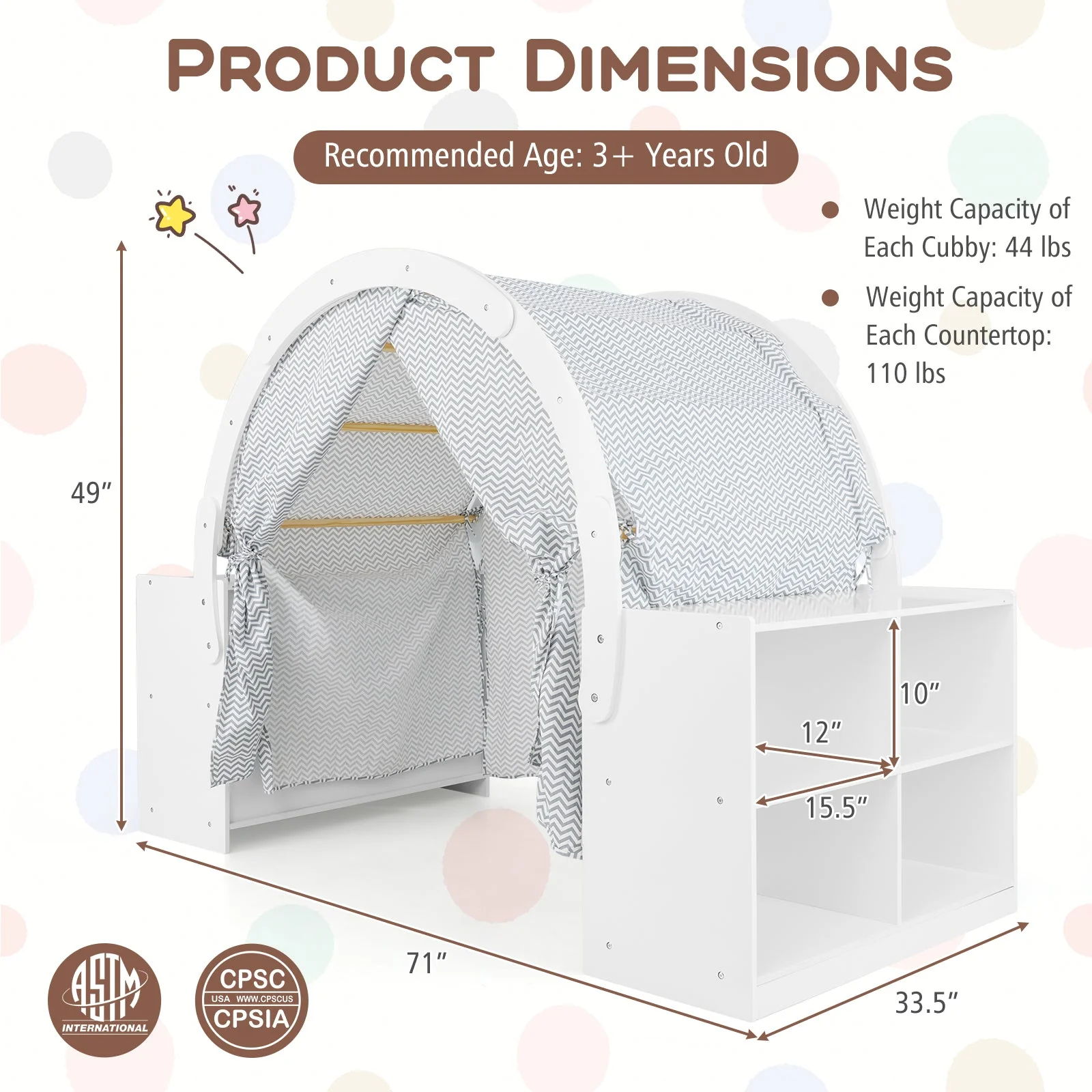 Wooden Kids Play Tent with Curtain Shades and 8 Cubbies-White - Image 5