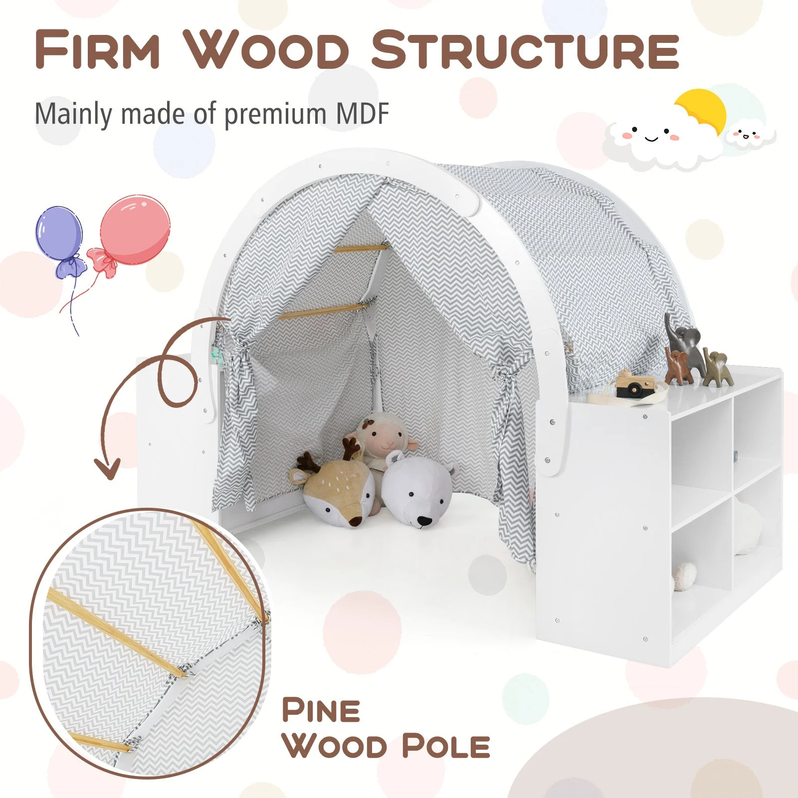 Wooden Kids Play Tent with Curtain Shades and 8 Cubbies-White - Image 6