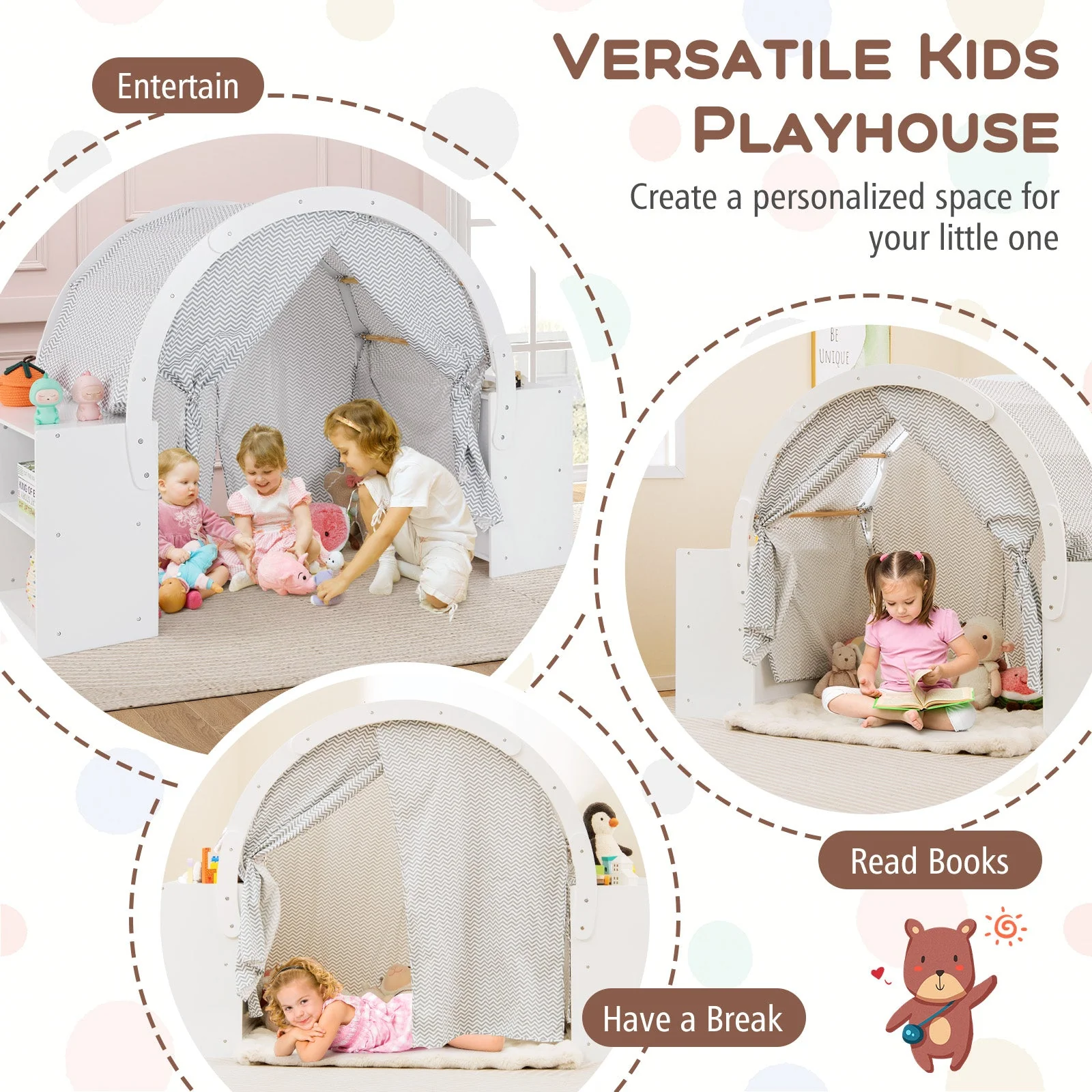 Wooden Kids Play Tent with Curtain Shades and 8 Cubbies-White - Image 7