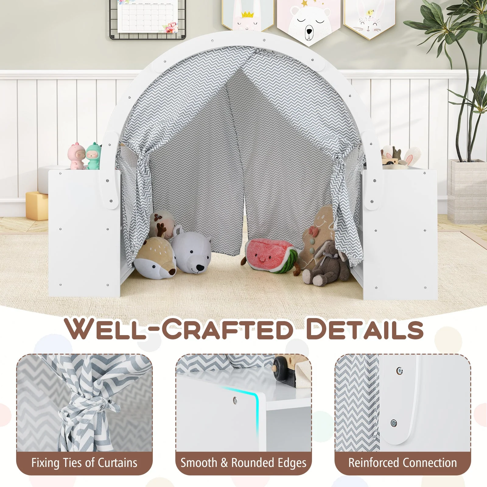 Wooden Kids Play Tent with Curtain Shades and 8 Cubbies-White - Image 8
