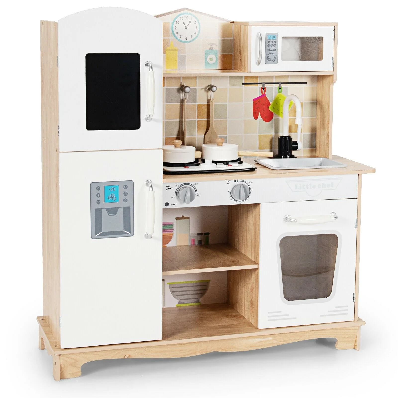 Wooden Kids Pretend Kitchen Playset Cooking Play Toy with Utensils and Sound - Image 3