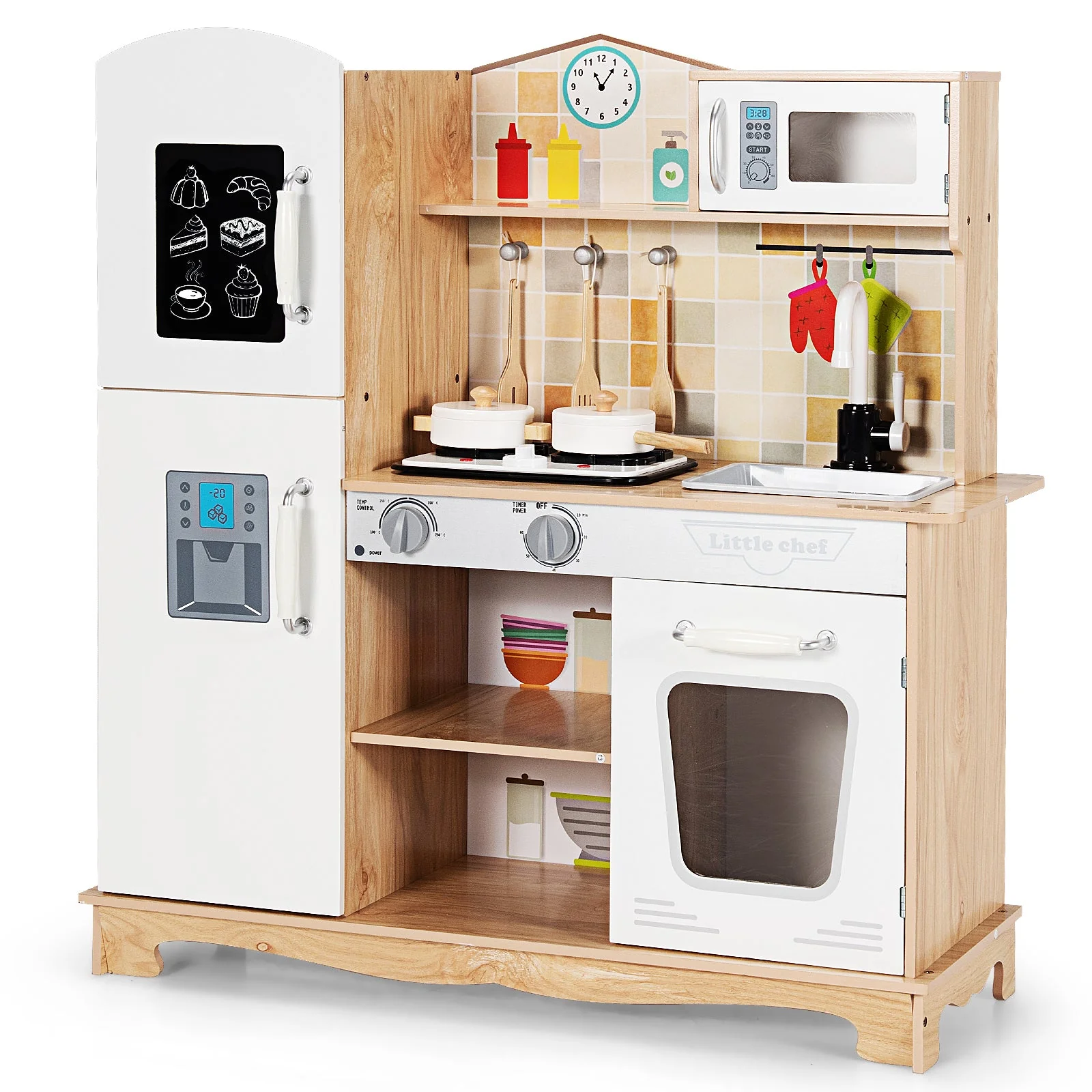 Wooden Kids Pretend Kitchen Playset Cooking Play Toy with Utensils and Sound - Image 4
