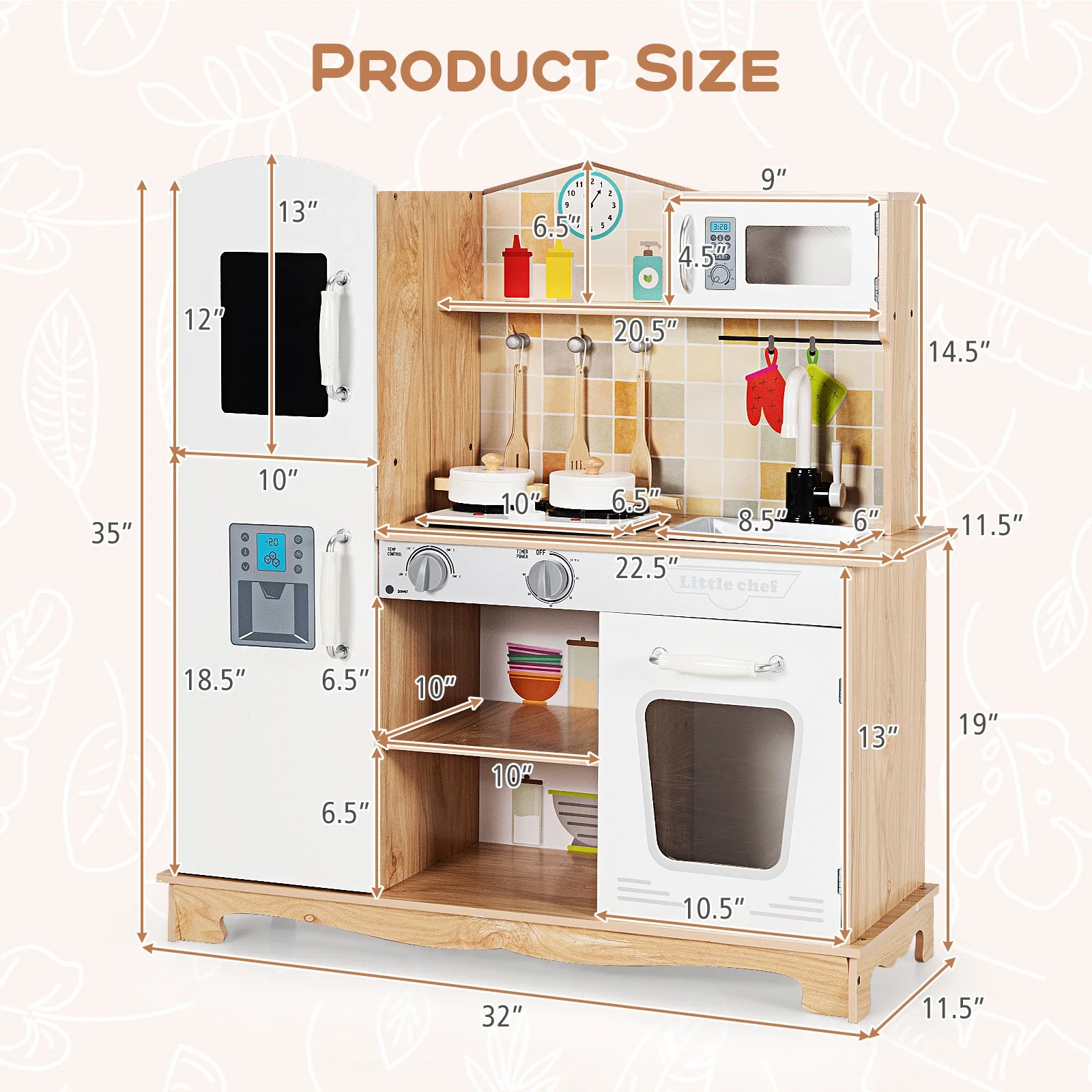 Wooden Kids Pretend Kitchen Playset Cooking Play Toy with Utensils and Sound - Image 5