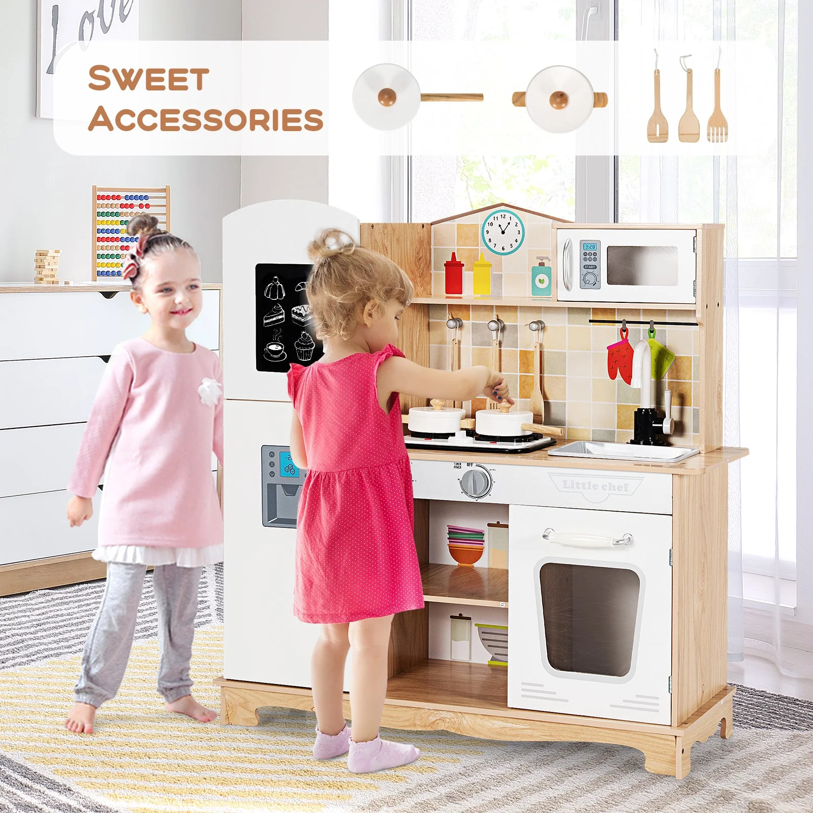 Wooden Kids Pretend Kitchen Playset Cooking Play Toy with Utensils and Sound - Image 6