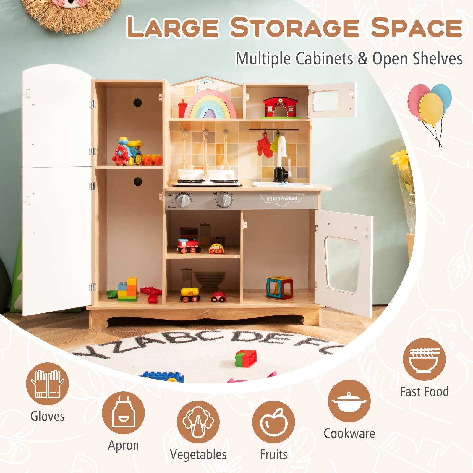 Wooden Kids Pretend Kitchen Playset Cooking Play Toy with Utensils and Sound - Image 8