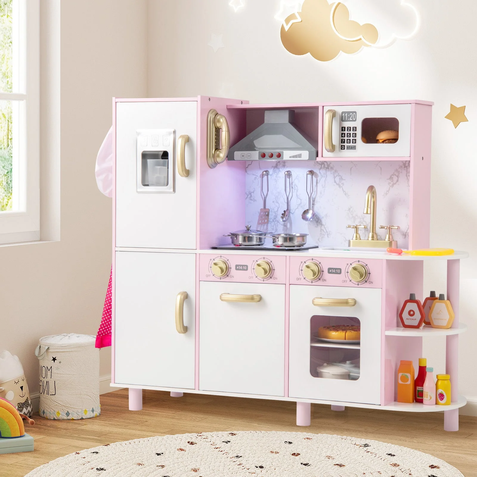 Wooden Kitchen Playset with Ice Maker and Sounds for Ages 3+-Pink - Image 2
