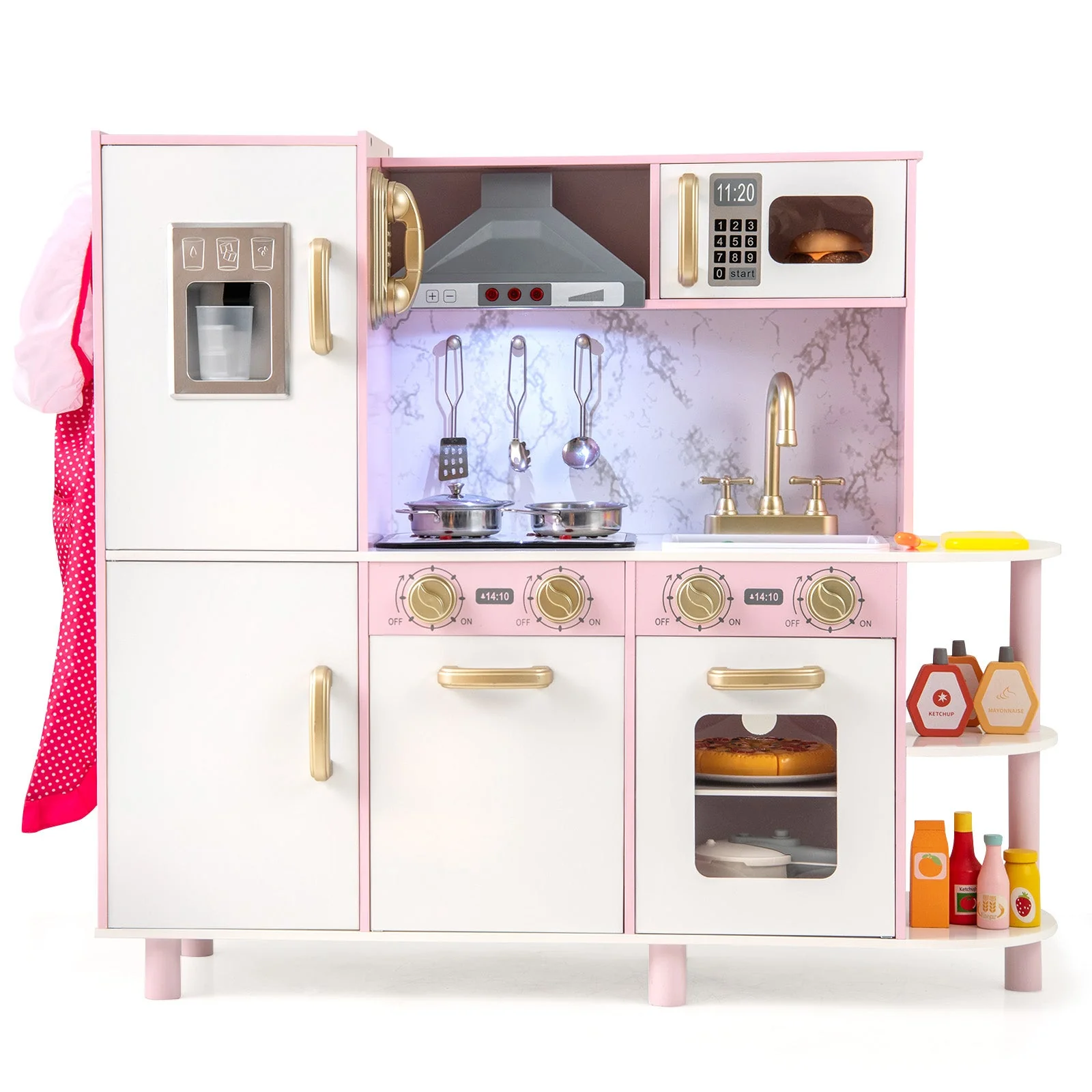 Wooden Kitchen Playset with Ice Maker and Sounds for Ages 3+-Pink - Image 3