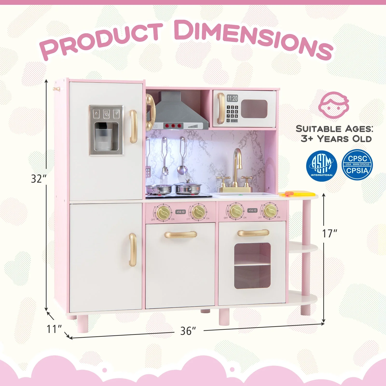 Wooden Kitchen Playset with Ice Maker and Sounds for Ages 3+-Pink - Image 4