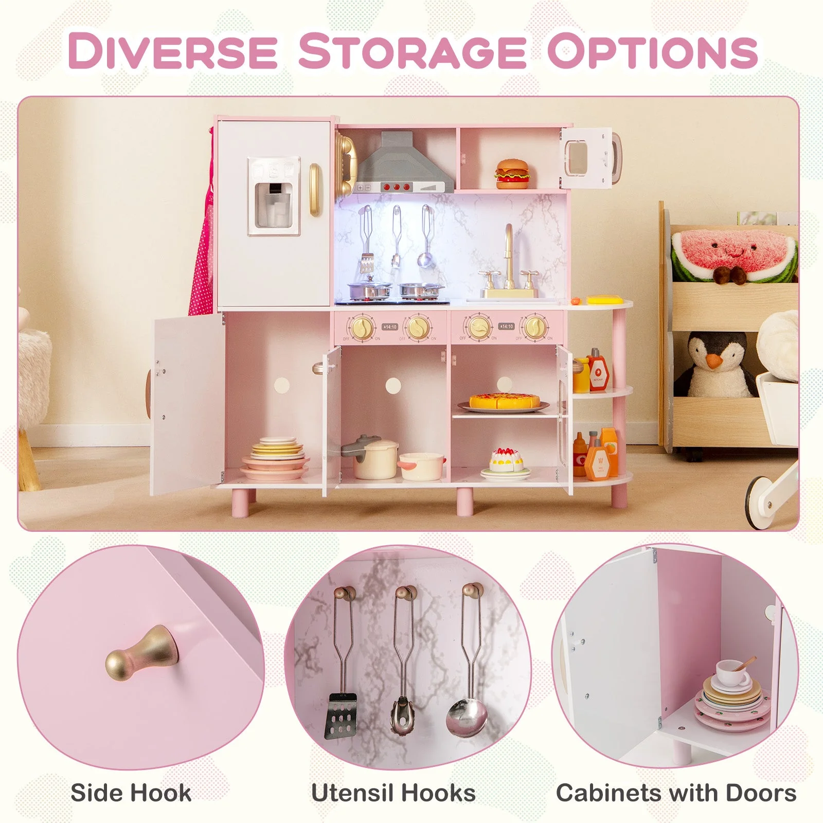 Wooden Kitchen Playset with Ice Maker and Sounds for Ages 3+-Pink - Image 5