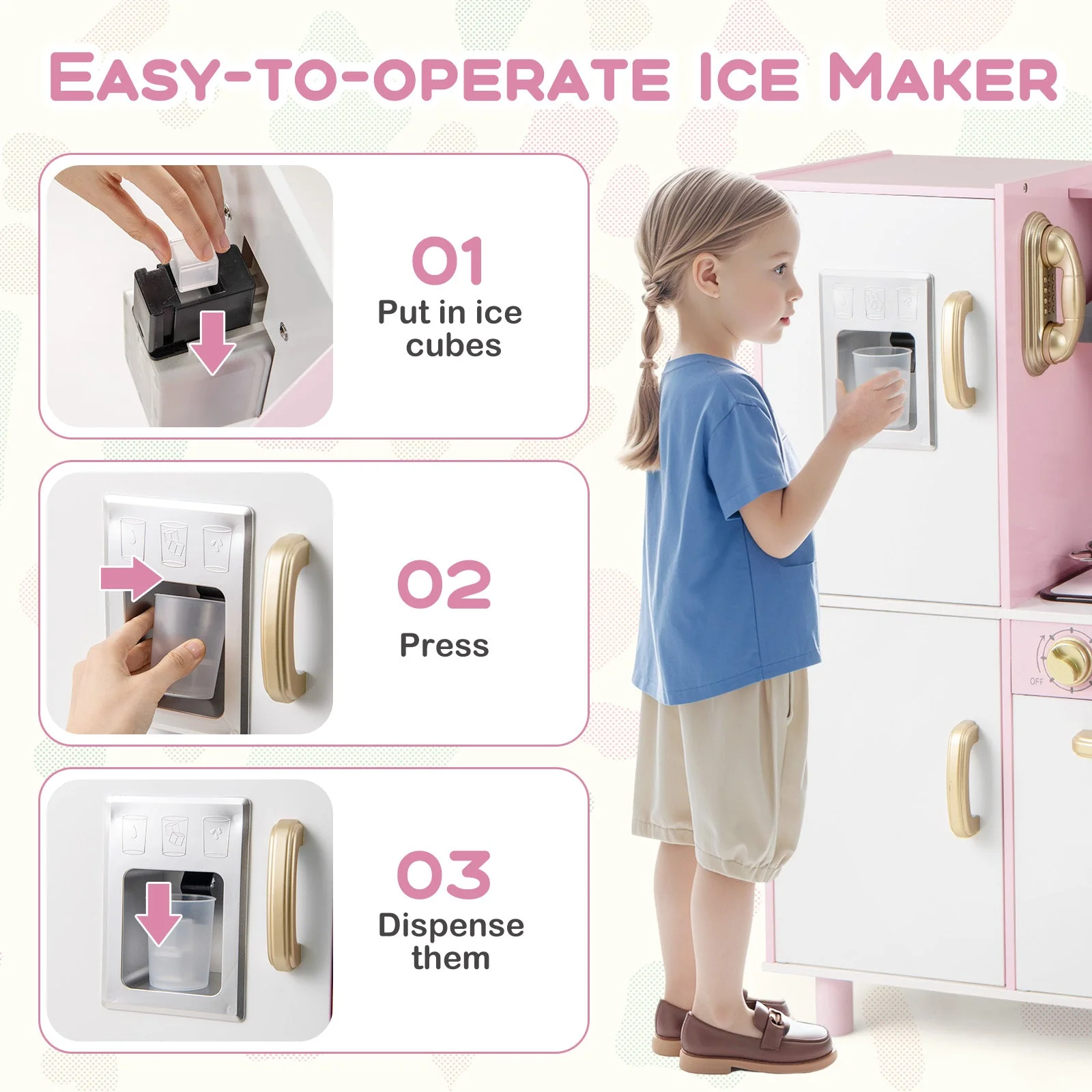 Wooden Kitchen Playset with Ice Maker and Sounds for Ages 3+-Pink - Image 7