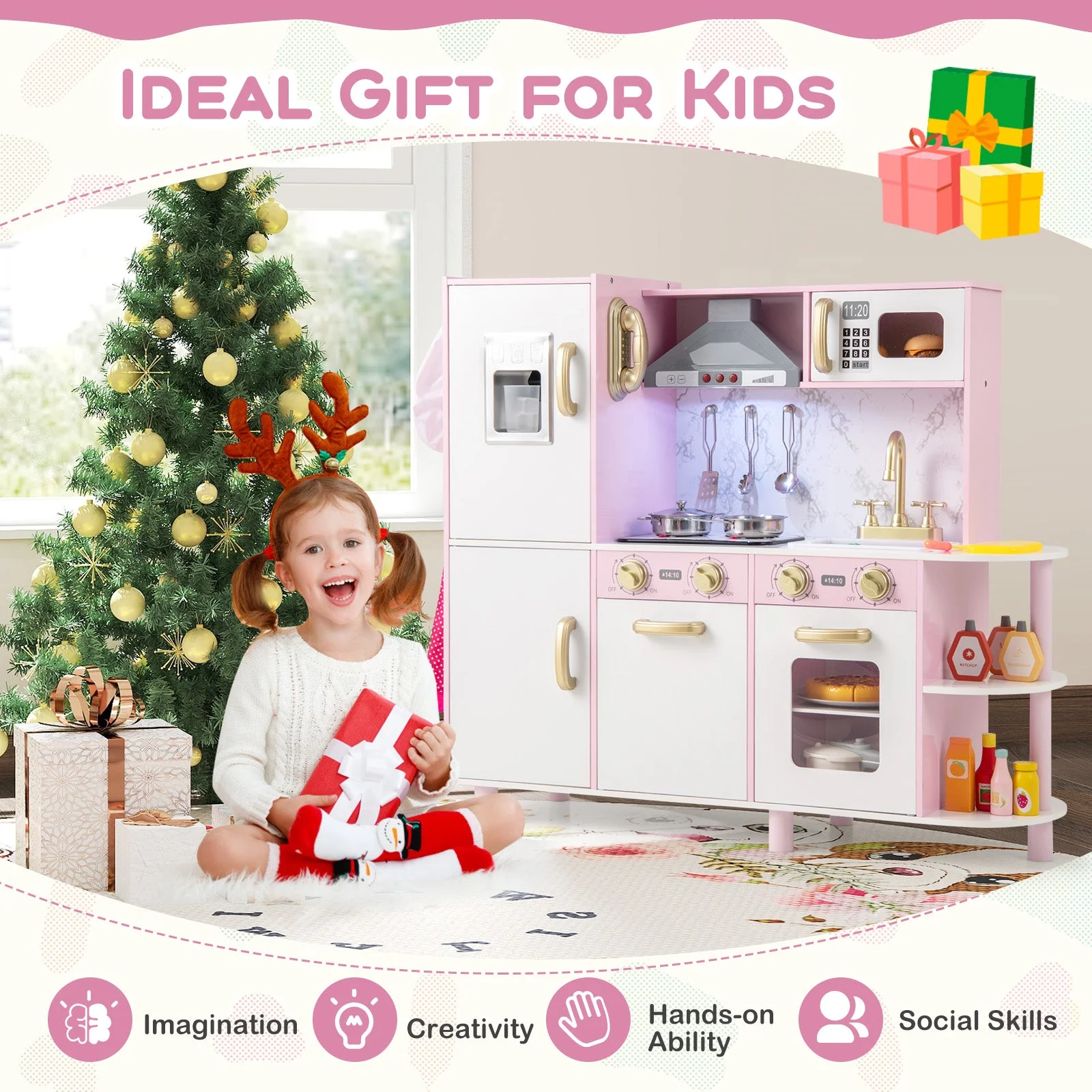 Wooden Kitchen Playset with Ice Maker and Sounds for Ages 3+-Pink - Image 8