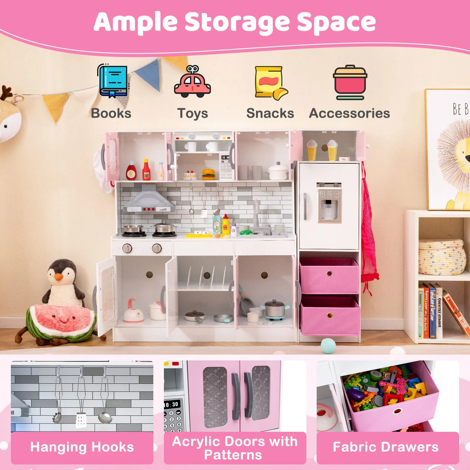 Wooden Kitchen Playset with Lights and Sounds for Ages 3+-Pink - Image 5