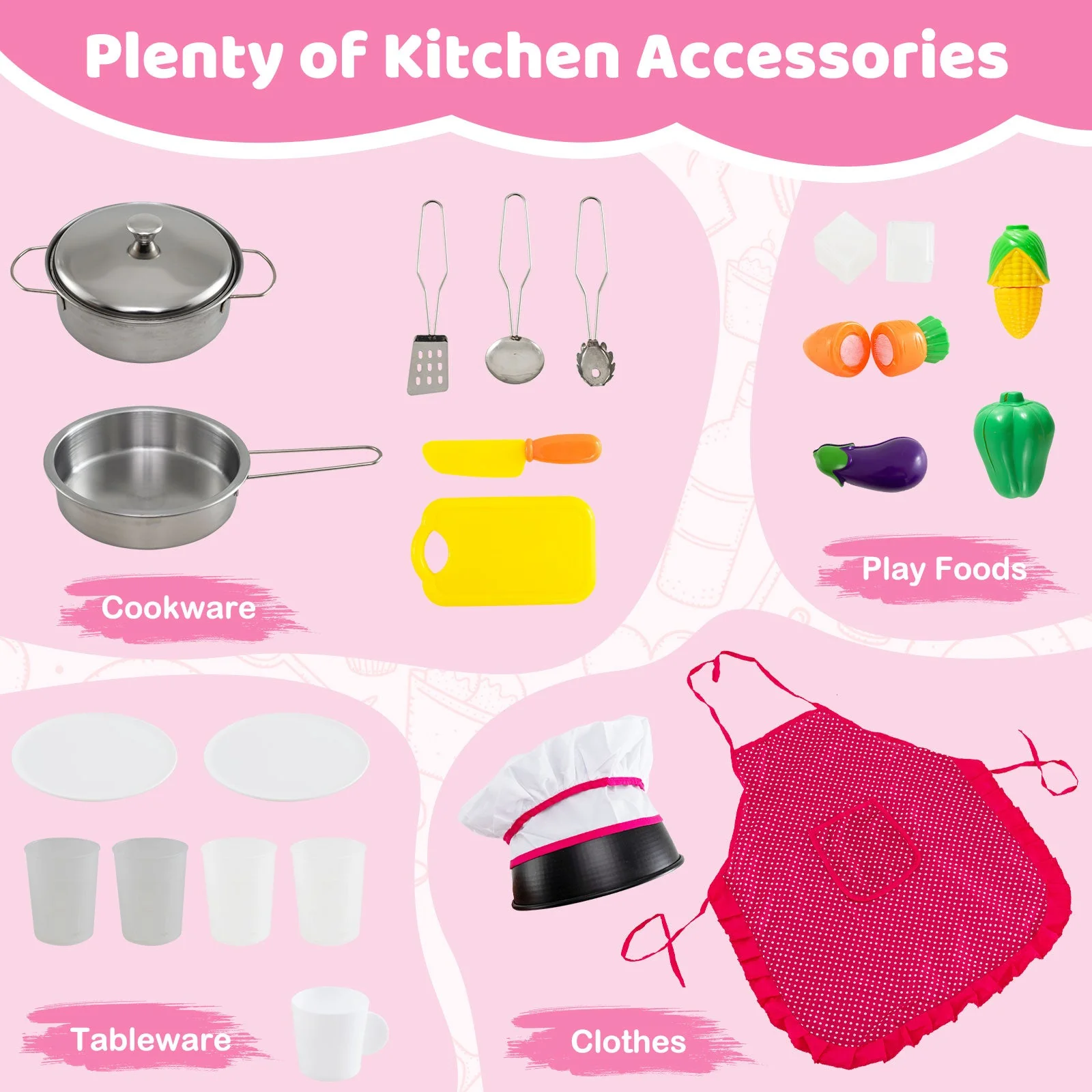 Wooden Kitchen Playset with Lights and Sounds for Ages 3+-Pink - Image 6