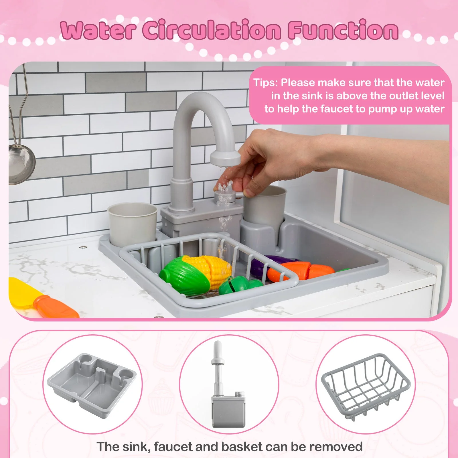 Wooden Kitchen Playset with Lights and Sounds for Ages 3+-Pink - Image 7