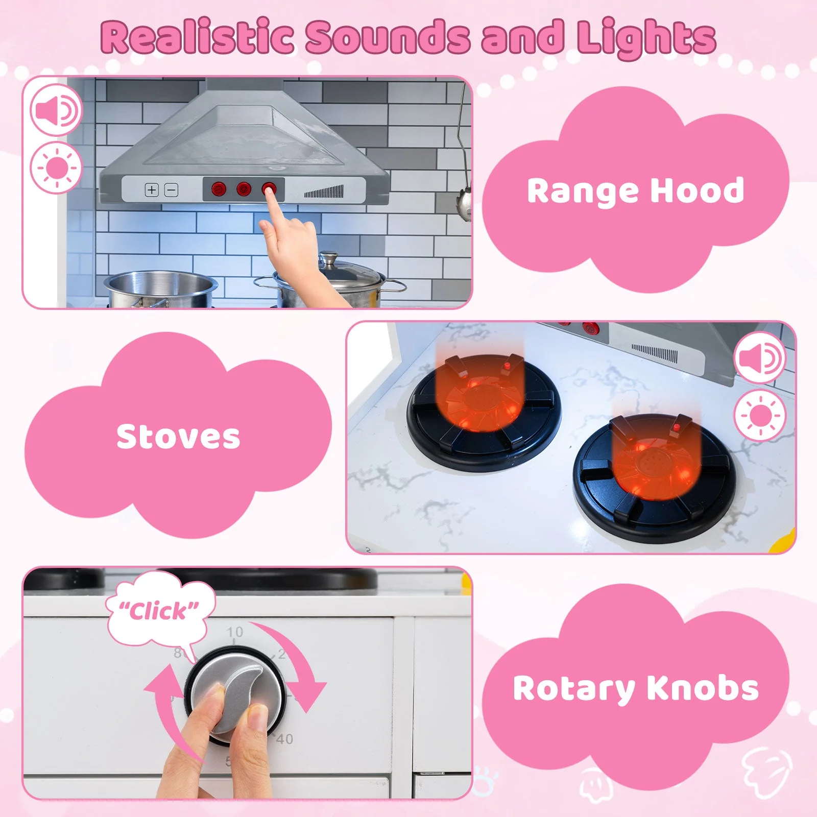 Wooden Kitchen Playset with Lights and Sounds for Ages 3+-Pink - Image 8